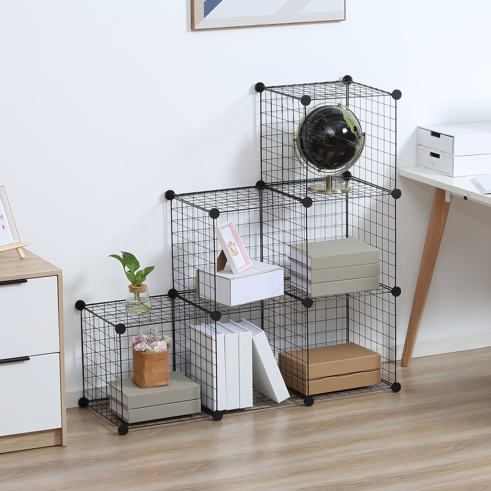 Wire Cube Shelf, Shelving System with 6 Cubes, DIY Wire Grid Storage, Cube Shelving Unit for Living Room, Bedroom, Black, 109 x 37 x 109 cm