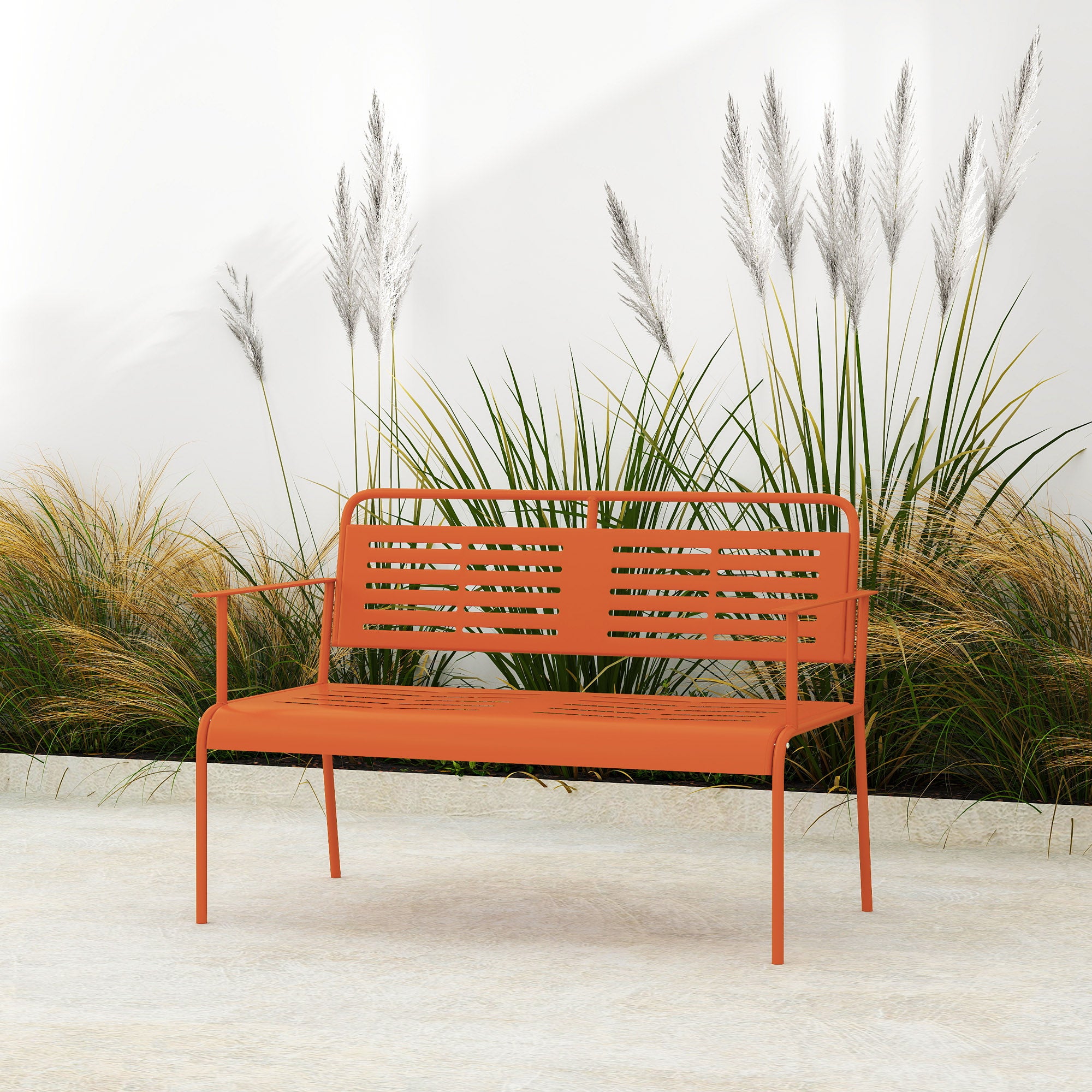 2-Seater Garden Bench Outdoor Steel Bench with Armrests and Backrest for Balcony Terrace Patio Veranda Lawn, 121 x 64 x 84 cm, Red
