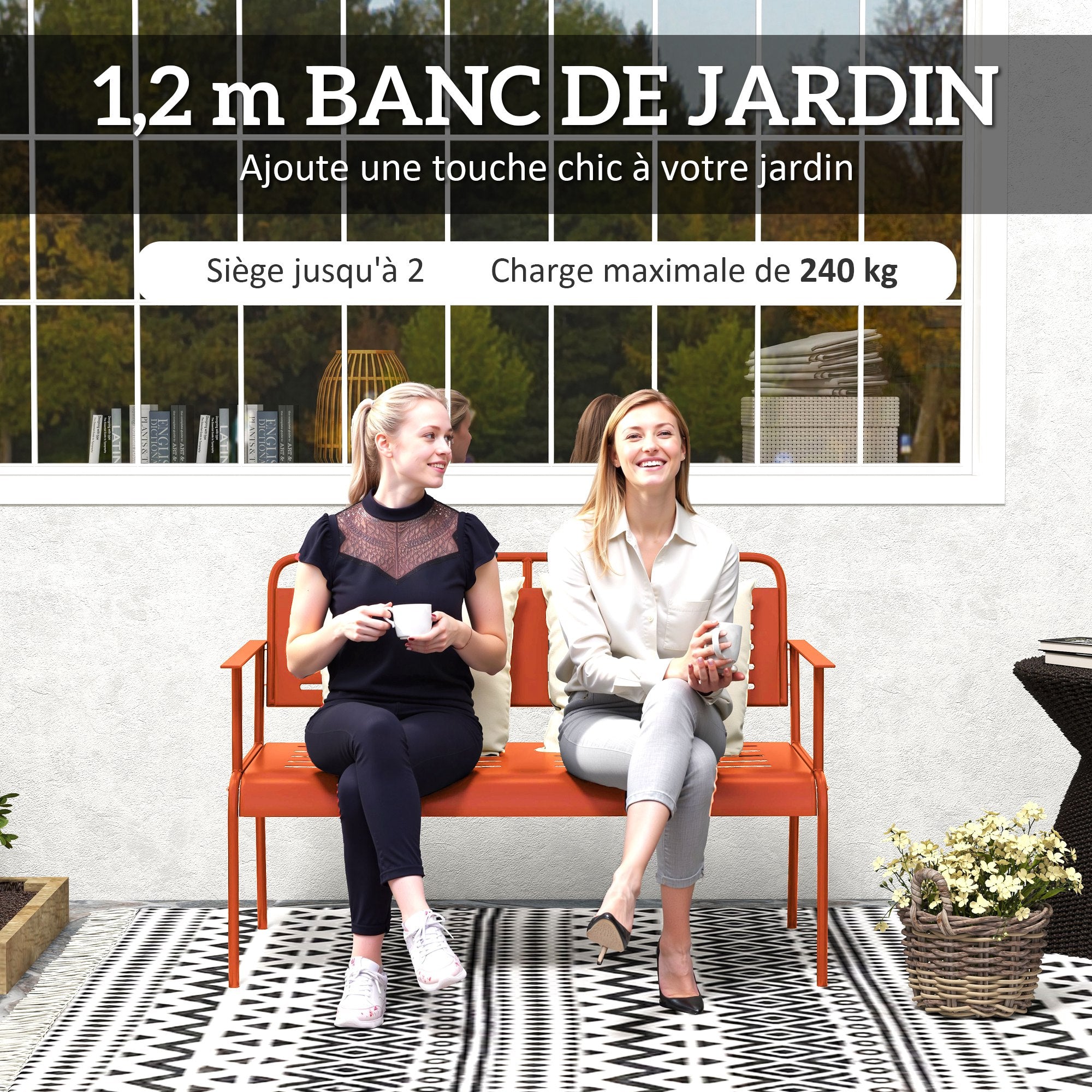 2-Seater Garden Bench Outdoor Steel Bench with Armrests and Backrest for Balcony Terrace Patio Veranda Lawn, 121 x 64 x 84 cm, Red