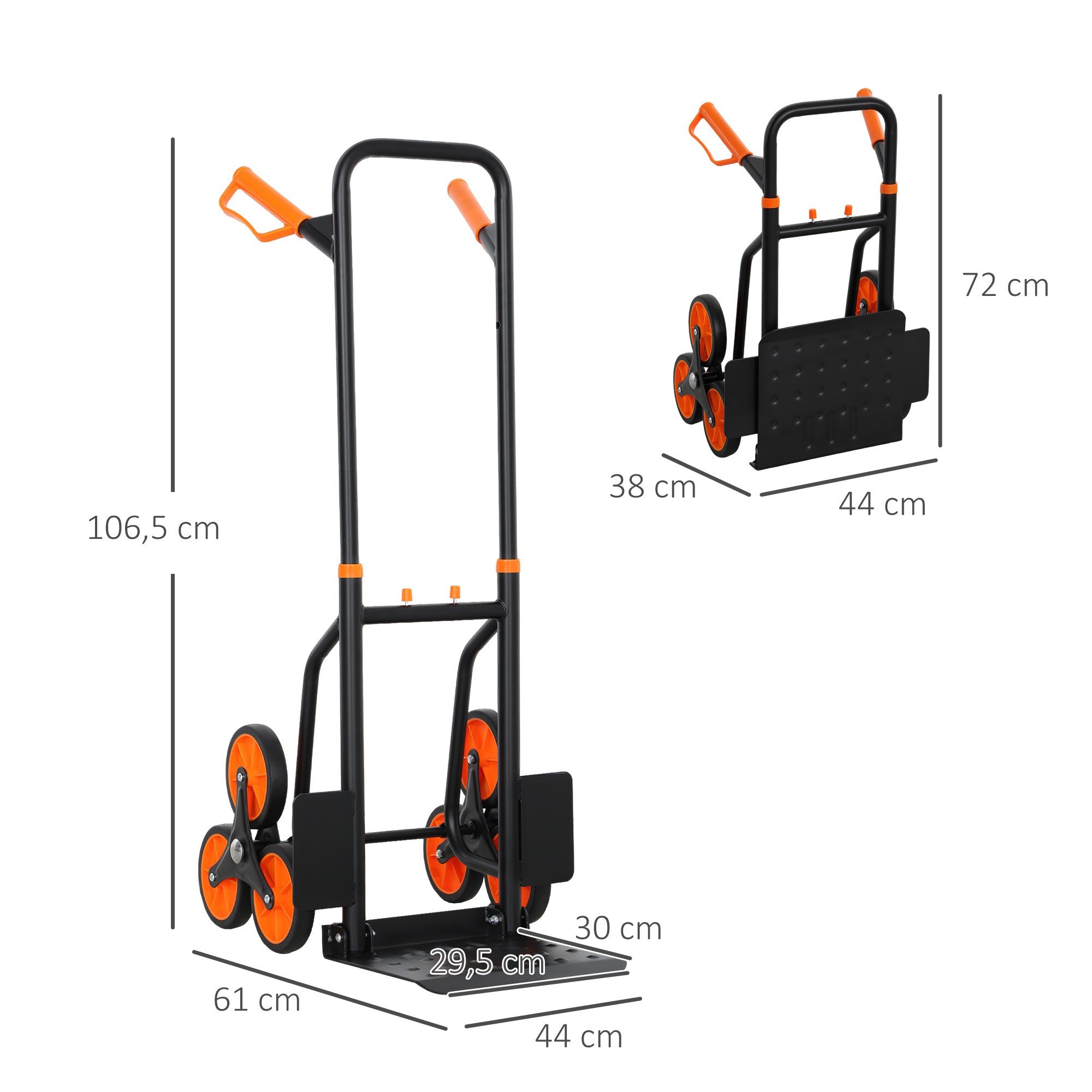Folding 6-Wheel Stair-Climbing Hand Truck, Steel Frame, 265 lb Capacity, 42 in — Orange