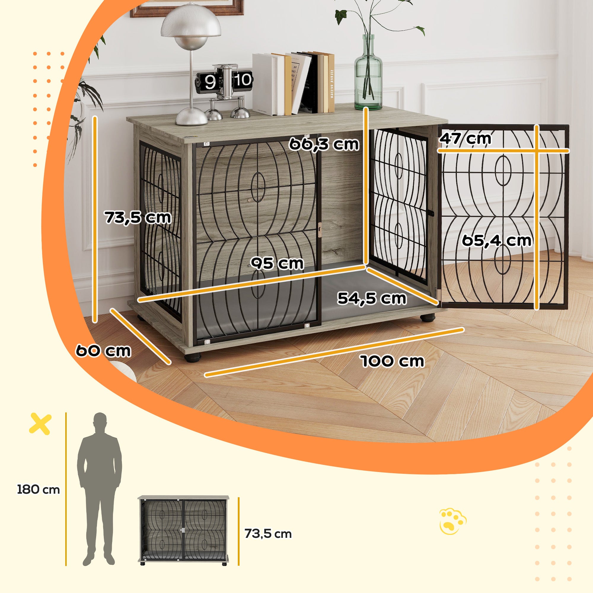 Dog Crate for Home, Doghouse, Indoor Pet Cage with Cushion, Dog House with Window, Dog Box for Large Dogs, Grey, 100 x 60 x 73.5 cm