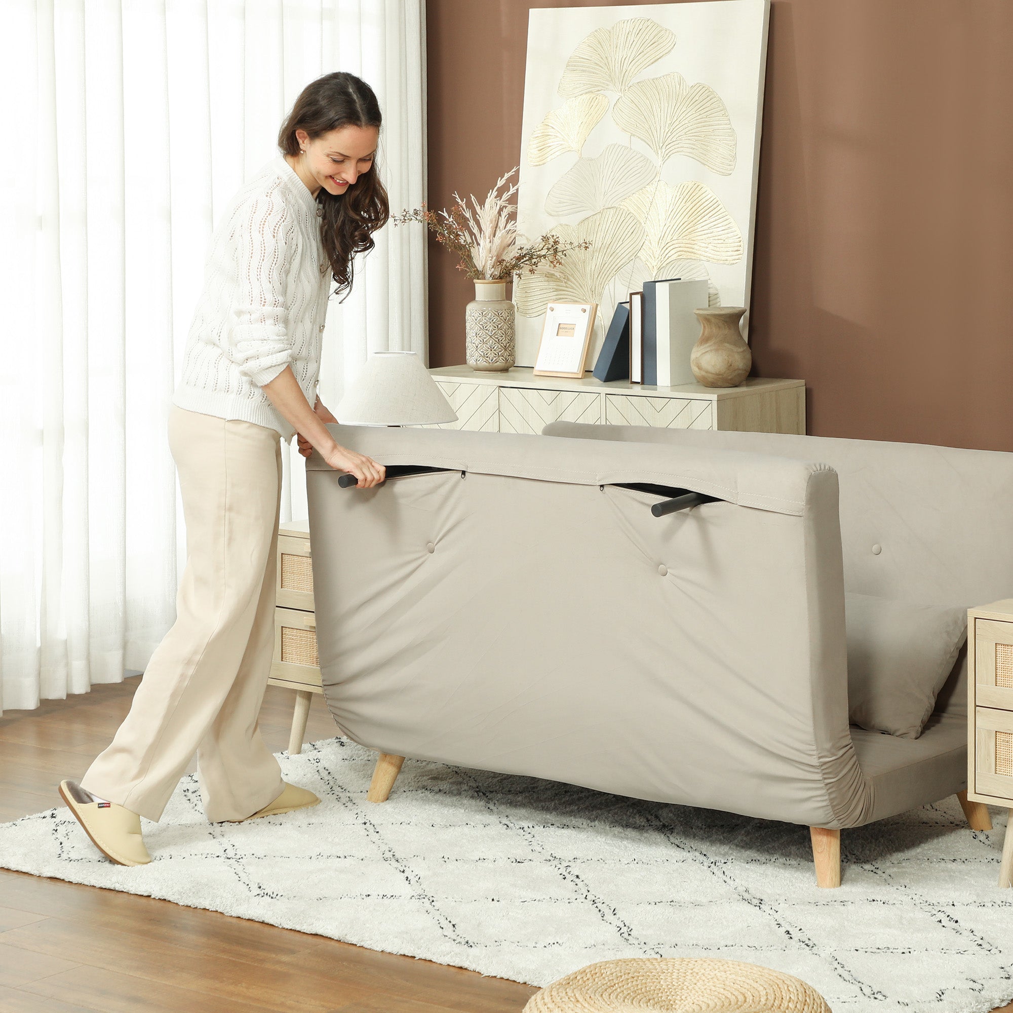 3-in-1 Sleeper Sofa 130 x 78 cm Sofa with Bed Function, Folding Couch with Lumbar Pillow, Velvet Look, Adjustable Backrest for Living Room, Bedroom, Beige