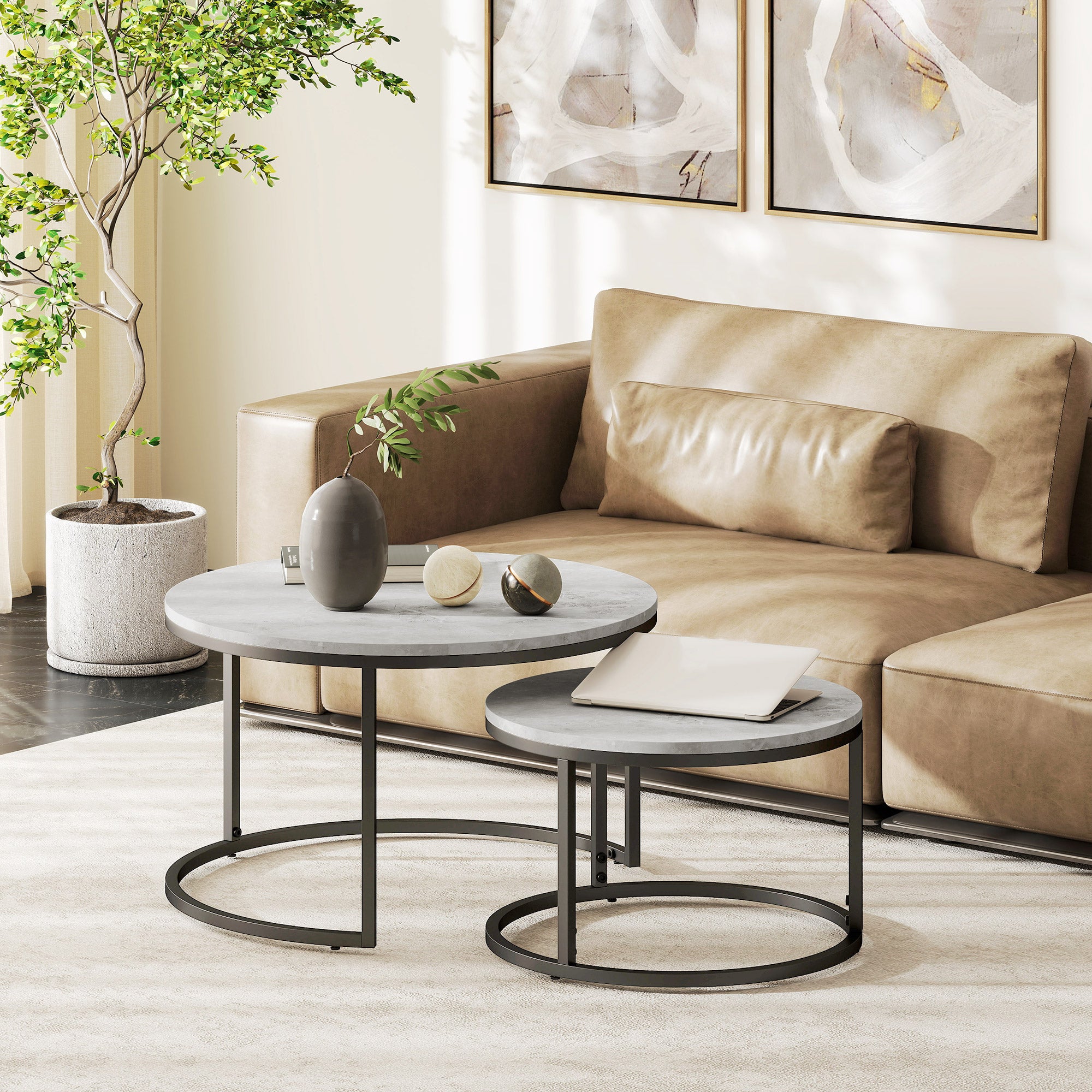Round Coffee Table 2-Piece Set Stackable Side Table with Metal Frame, Living Room Table with Marble Effect Coffee Table for Living Room Bedroom 78.5 x 78.5 x 46.5 cm Light Grey