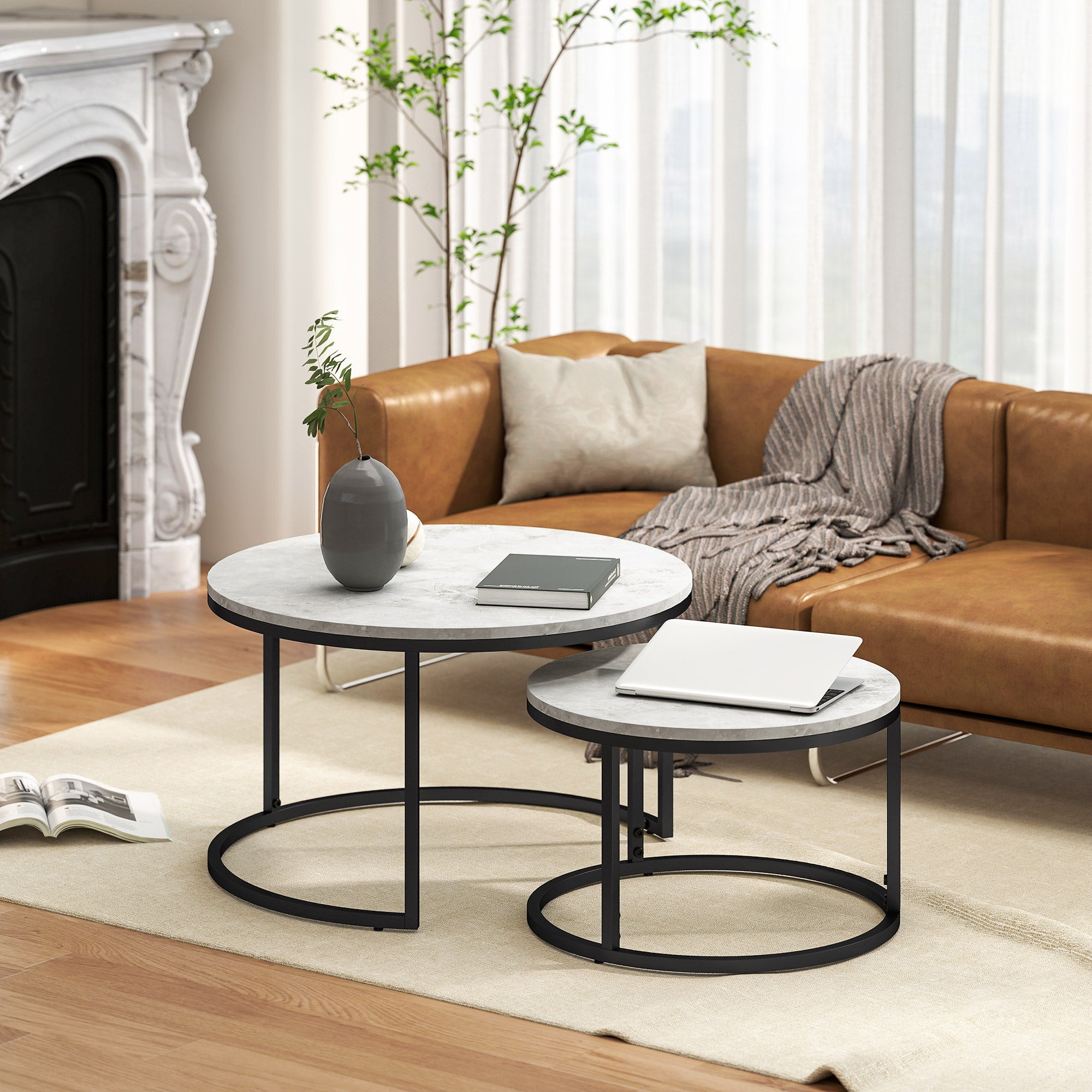Round Coffee Table 2-Piece Set Stackable Side Table with Metal Frame, Living Room Table with Marble Effect Coffee Table for Living Room Bedroom 78.5 x 78.5 x 46.5 cm Light Grey