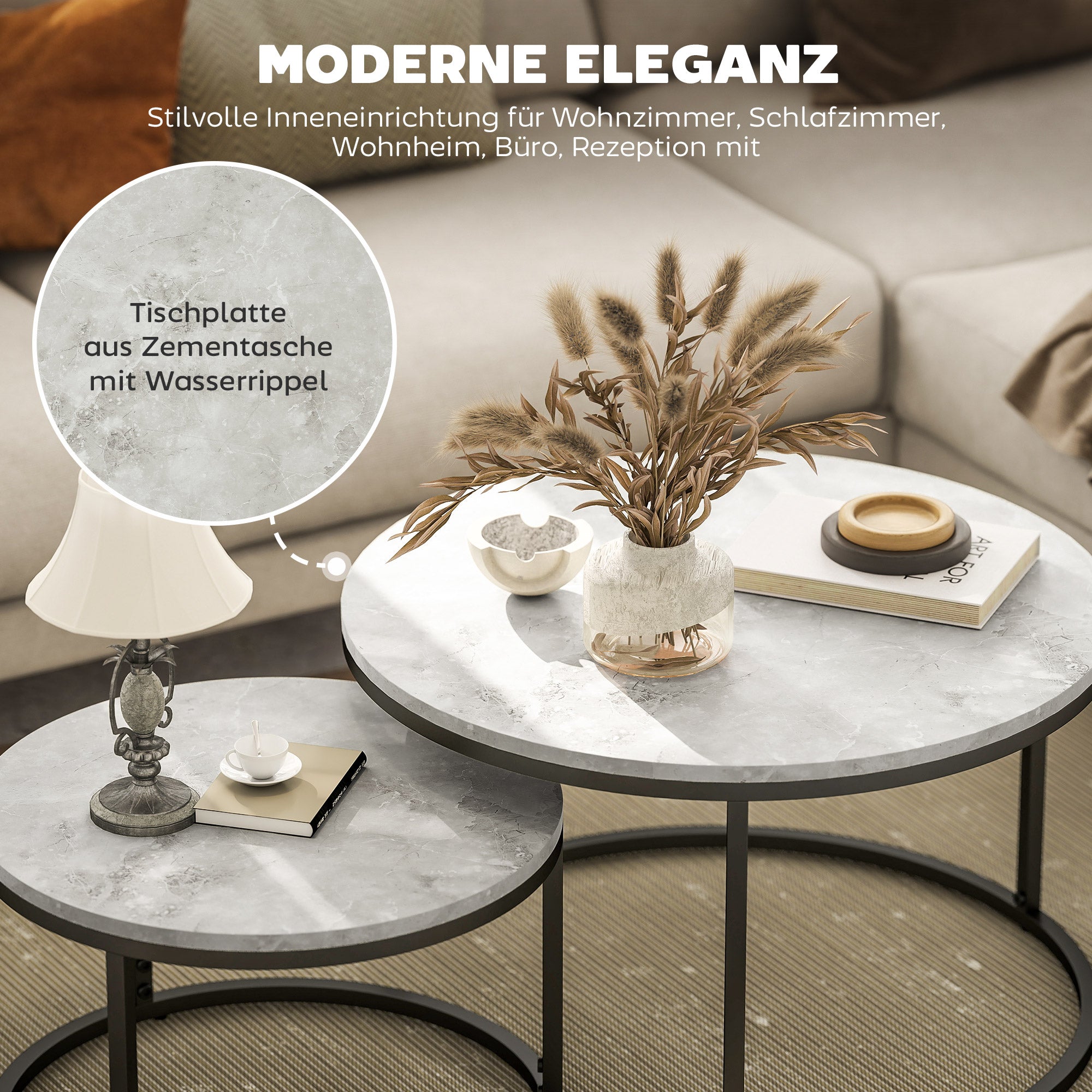 Round Coffee Table 2-Piece Set Stackable Side Table with Metal Frame, Living Room Table with Marble Effect Coffee Table for Living Room Bedroom 78.5 x 78.5 x 46.5 cm Light Grey