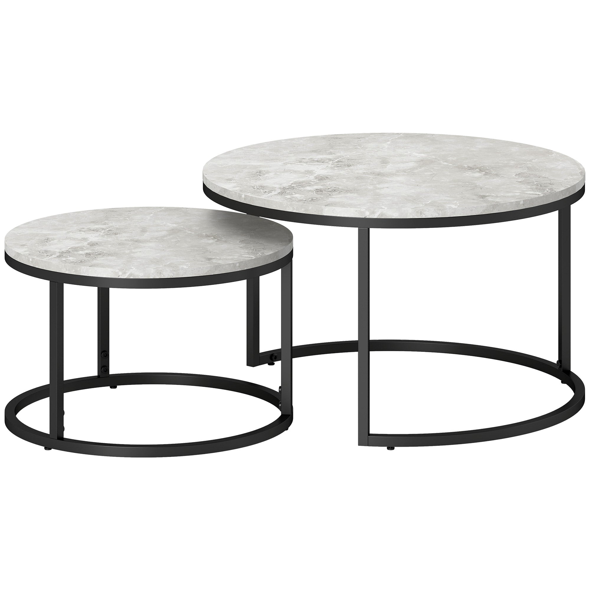 Round Coffee Table 2-Piece Set Stackable Side Table with Metal Frame, Living Room Table with Marble Effect Coffee Table for Living Room Bedroom 78.5 x 78.5 x 46.5 cm Light Grey