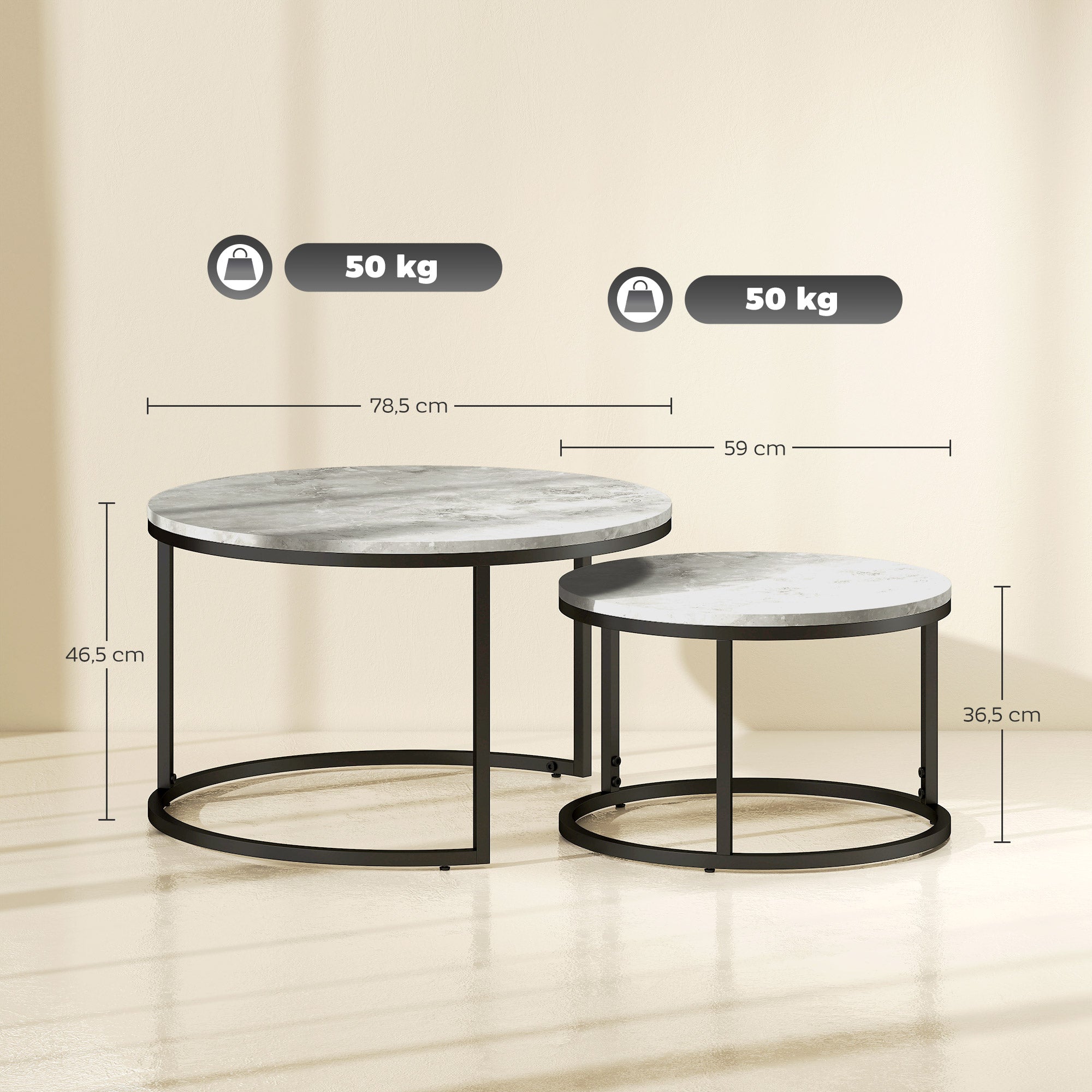 Round Coffee Table 2-Piece Set Stackable Side Table with Metal Frame, Living Room Table with Marble Effect Coffee Table for Living Room Bedroom 78.5 x 78.5 x 46.5 cm Light Grey