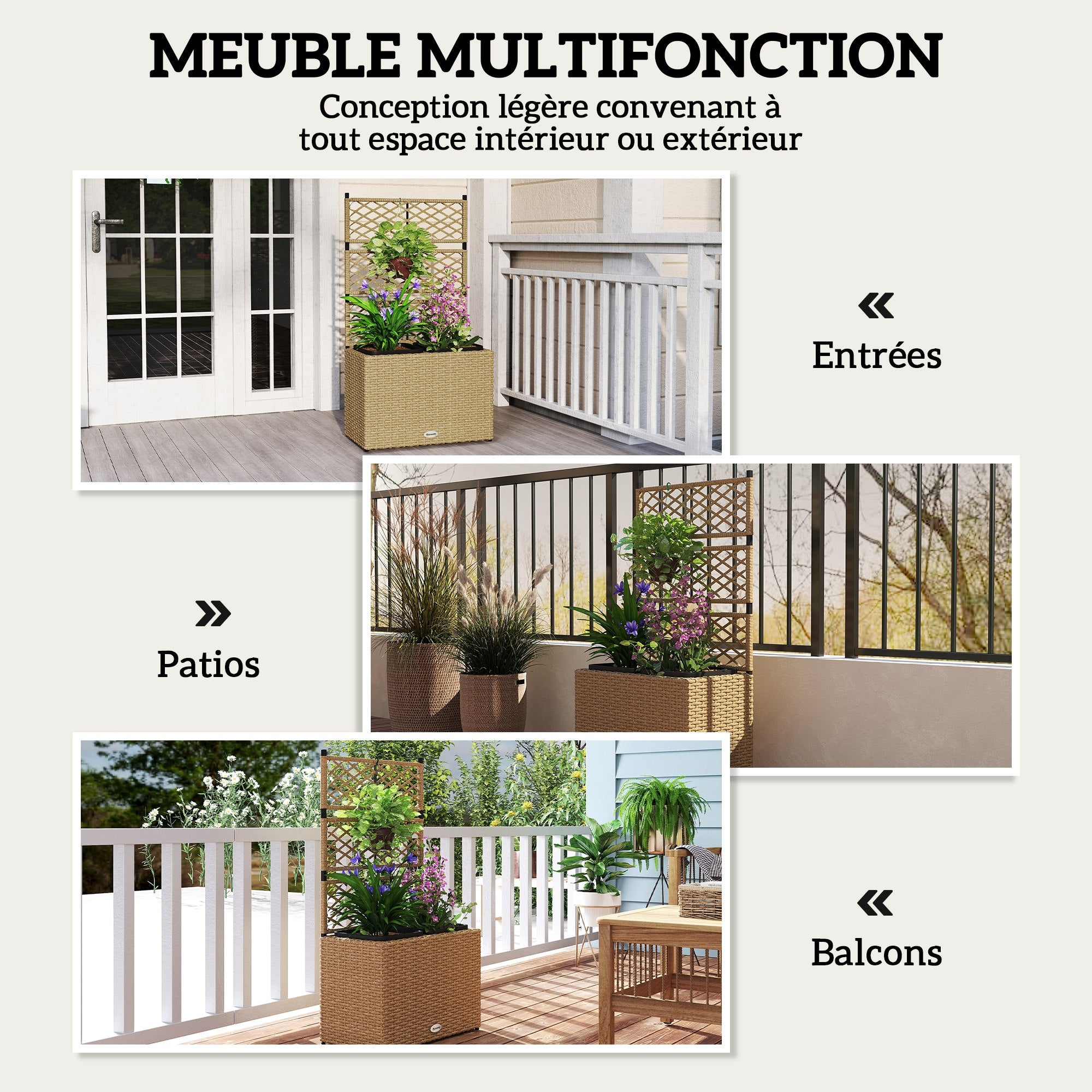 Planter for plants with trellis 2 pots plant box raised planter 22L garden balcony patio terrace outdoor in woven resin and steel 57 x 30 x 107 cm sand