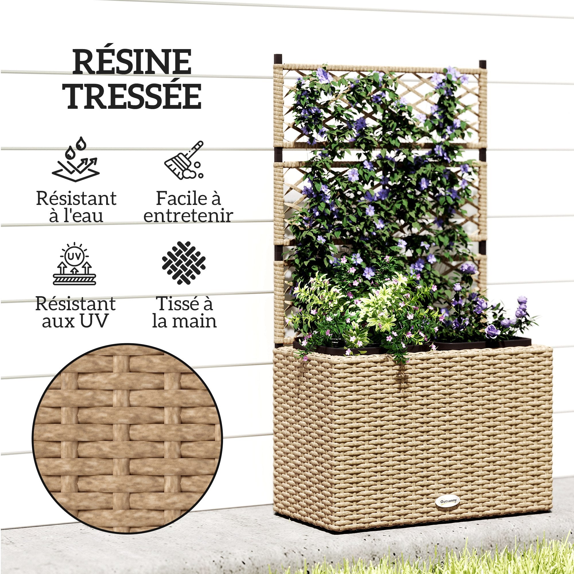 Planter for plants with trellis 2 pots plant box raised planter 22L garden balcony patio terrace outdoor in woven resin and steel 57 x 30 x 107 cm sand