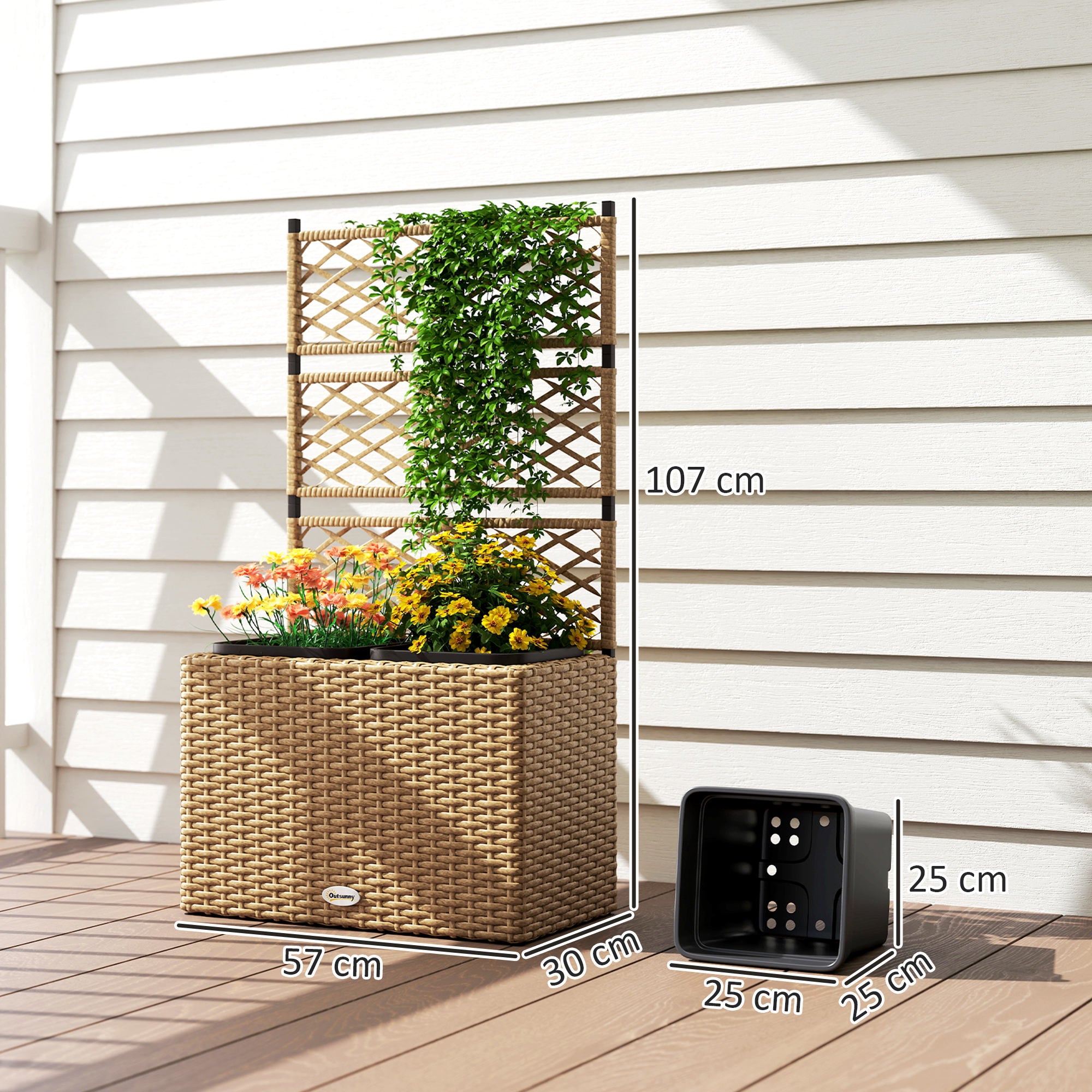 Planter for plants with trellis 2 pots plant box raised planter 22L garden balcony patio terrace outdoor in woven resin and steel 57 x 30 x 107 cm sand