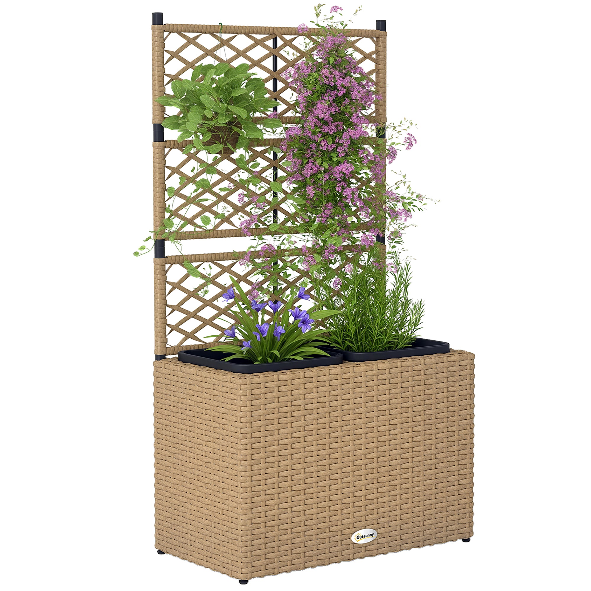 Planter for plants with trellis 2 pots plant box raised planter 22L garden balcony patio terrace outdoor in woven resin and steel 57 x 30 x 107 cm sand