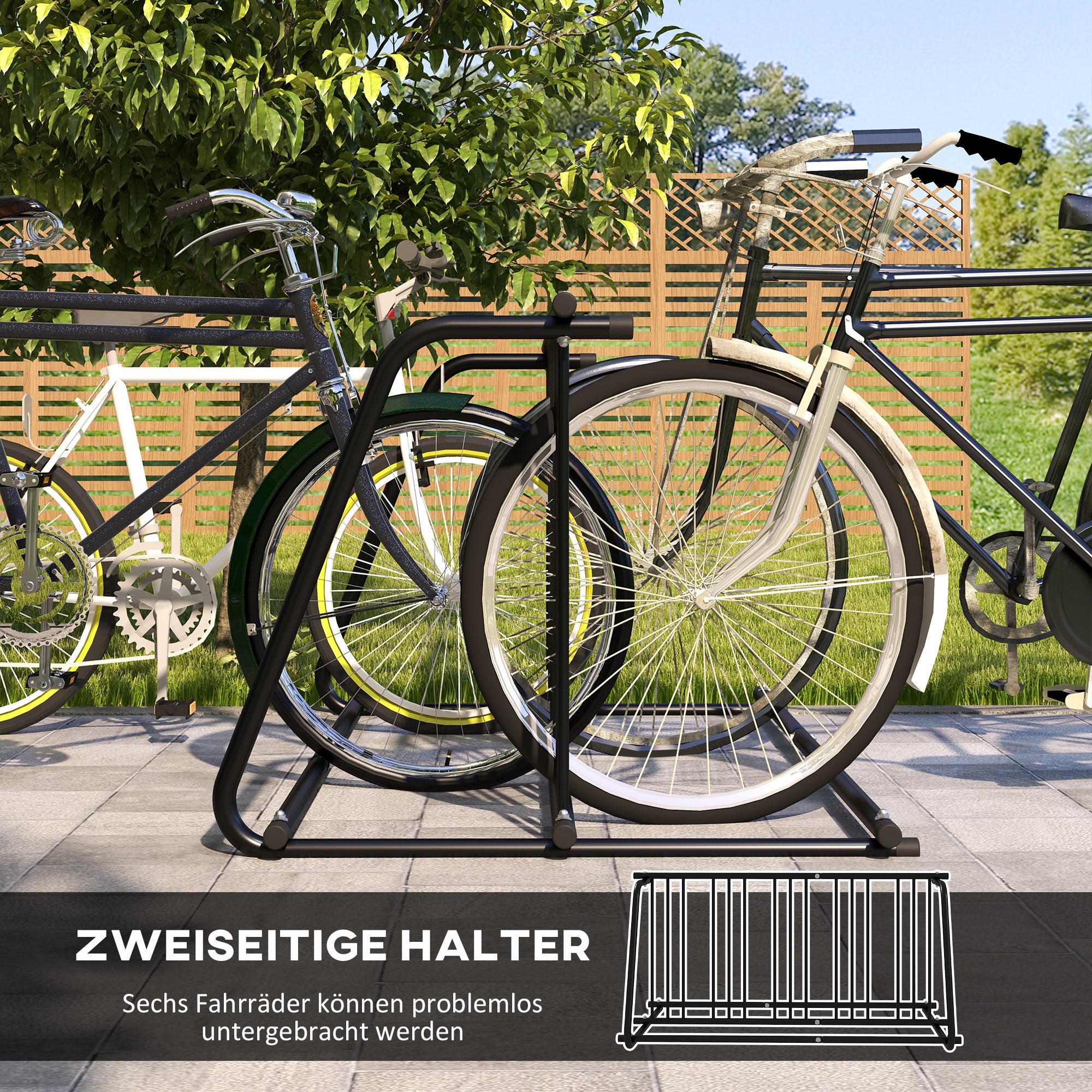 Bike Stand Bicycle Rack Multi Bike Rack Display Stand Bike Stand weatherproof up to 6 bikes on both sides 155 x 100 x 75 cm, Steel Black