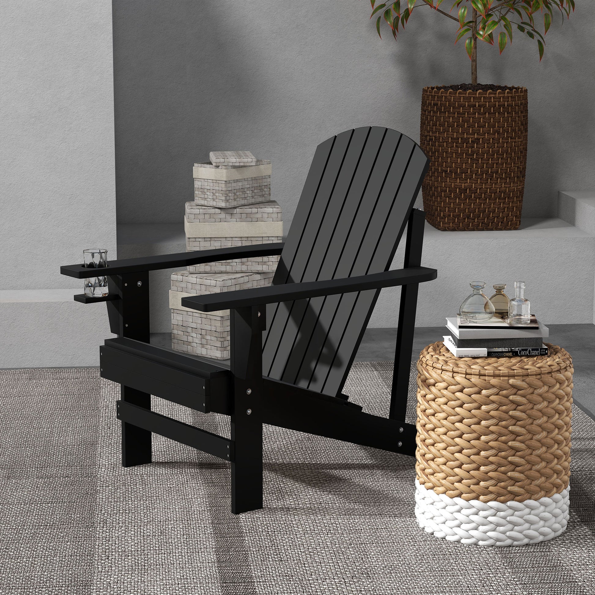 Adirondack Garden Chair with Cup Holder Garden Lounger Balcony Chair Solid Wood Black 72.5 x 97 x 93 cm