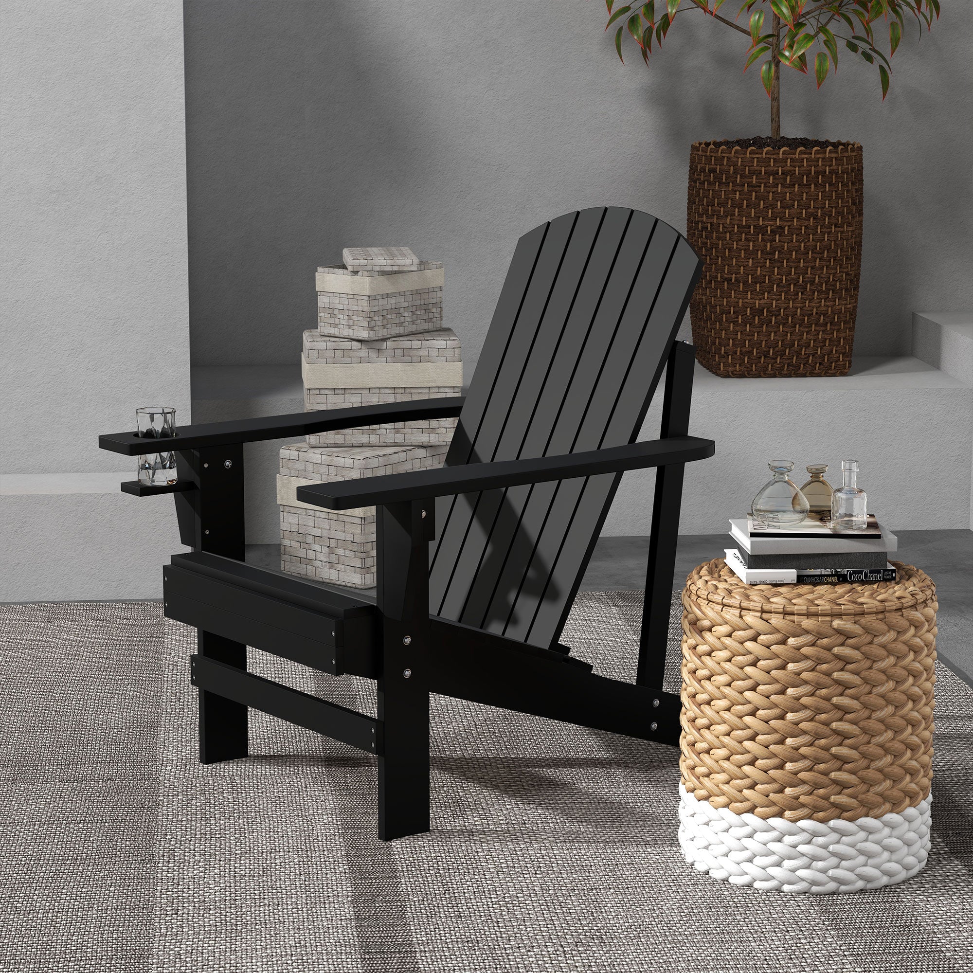 Adirondack Garden Chair with Cup Holder Garden Lounger Balcony Chair Solid Wood Black 72.5 x 97 x 93 cm