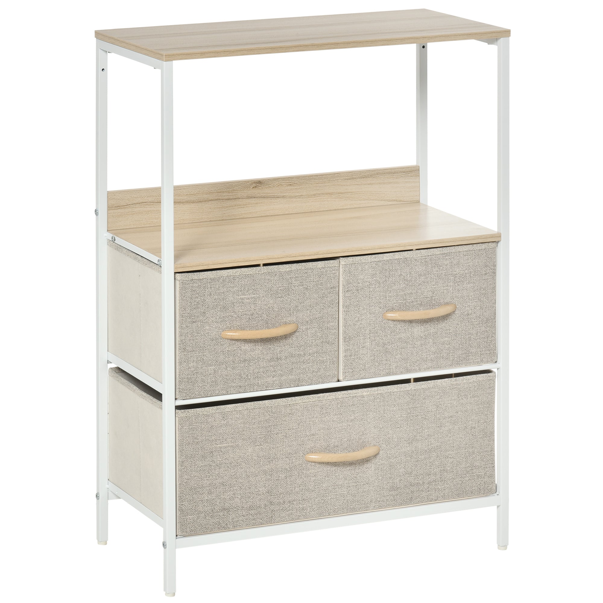 Dresser Storage Cabinet with 3 Fabric Drawers, Shelf, and Top Plate, Small Side Cabinet - 58L x 29W x 81.5H cm - Natural and White Metal