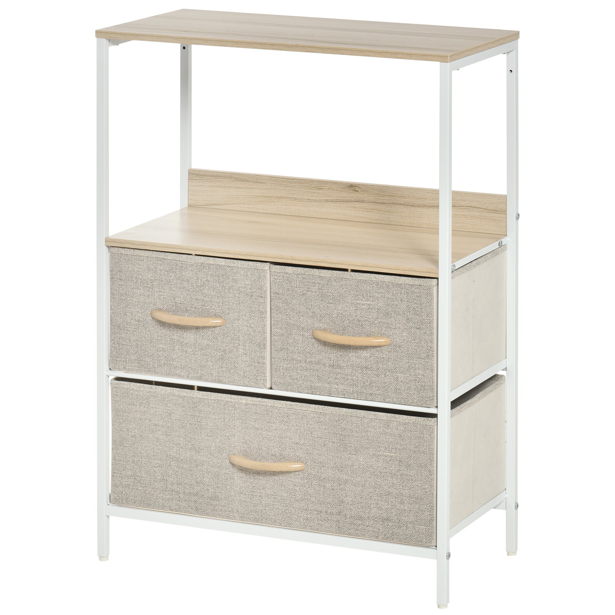 Dresser Storage Cabinet with 3 Fabric Drawers, Shelf, and Top Plate, Small Side Cabinet - 58L x 29W x 81.5H cm - Natural and White Metal