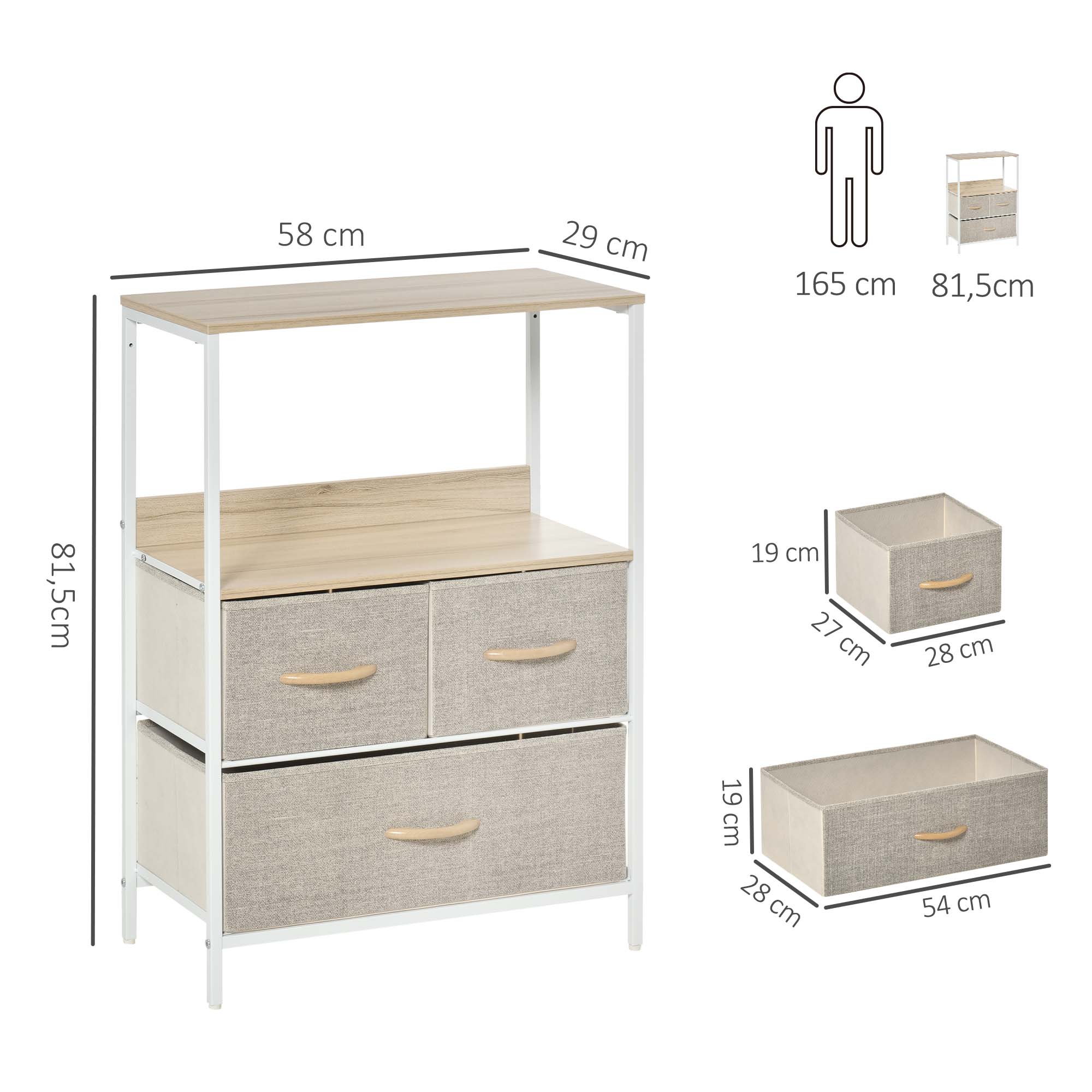 Dresser Storage Cabinet with 3 Fabric Drawers, Shelf, and Top Plate, Small Side Cabinet - 58L x 29W x 81.5H cm - Natural and White Metal
