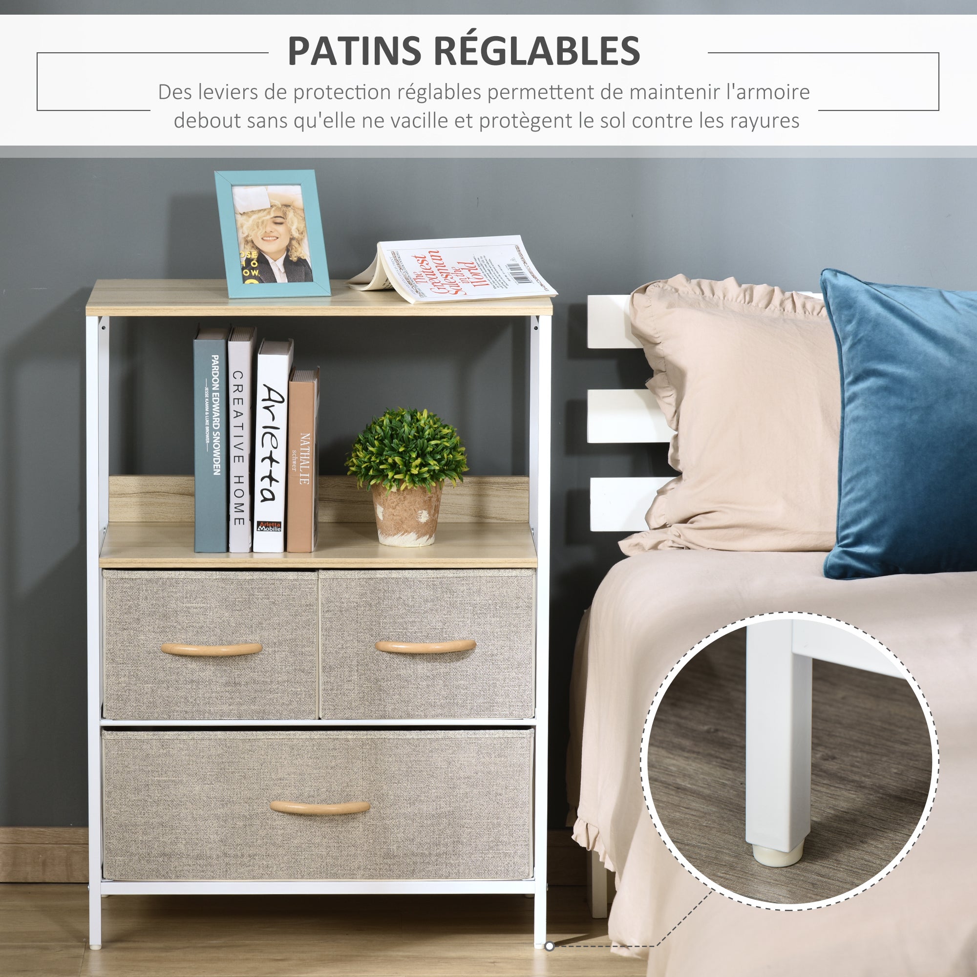 Dresser Storage Cabinet with 3 Fabric Drawers, Shelf, and Top Plate, Small Side Cabinet - 58L x 29W x 81.5H cm - Natural and White Metal