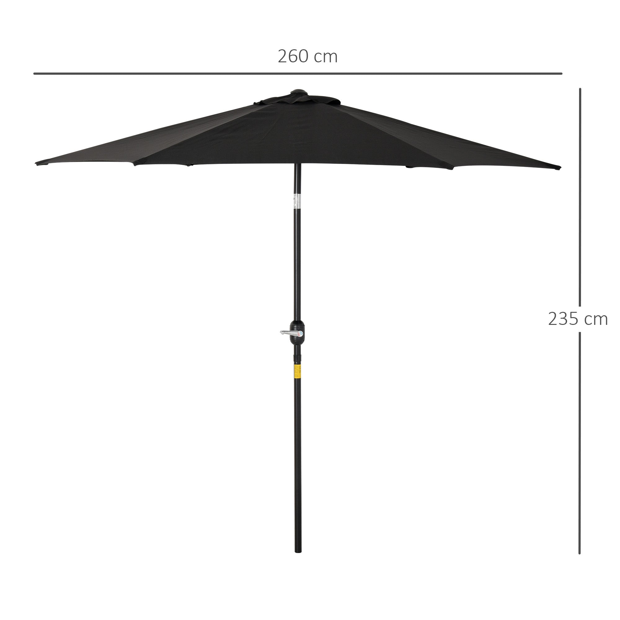 Straight tilting garden balcony terrace parasol with crank polyester waterproof high density 180 g/m² fabric Ø2.6 x 2.35H m black aluminum