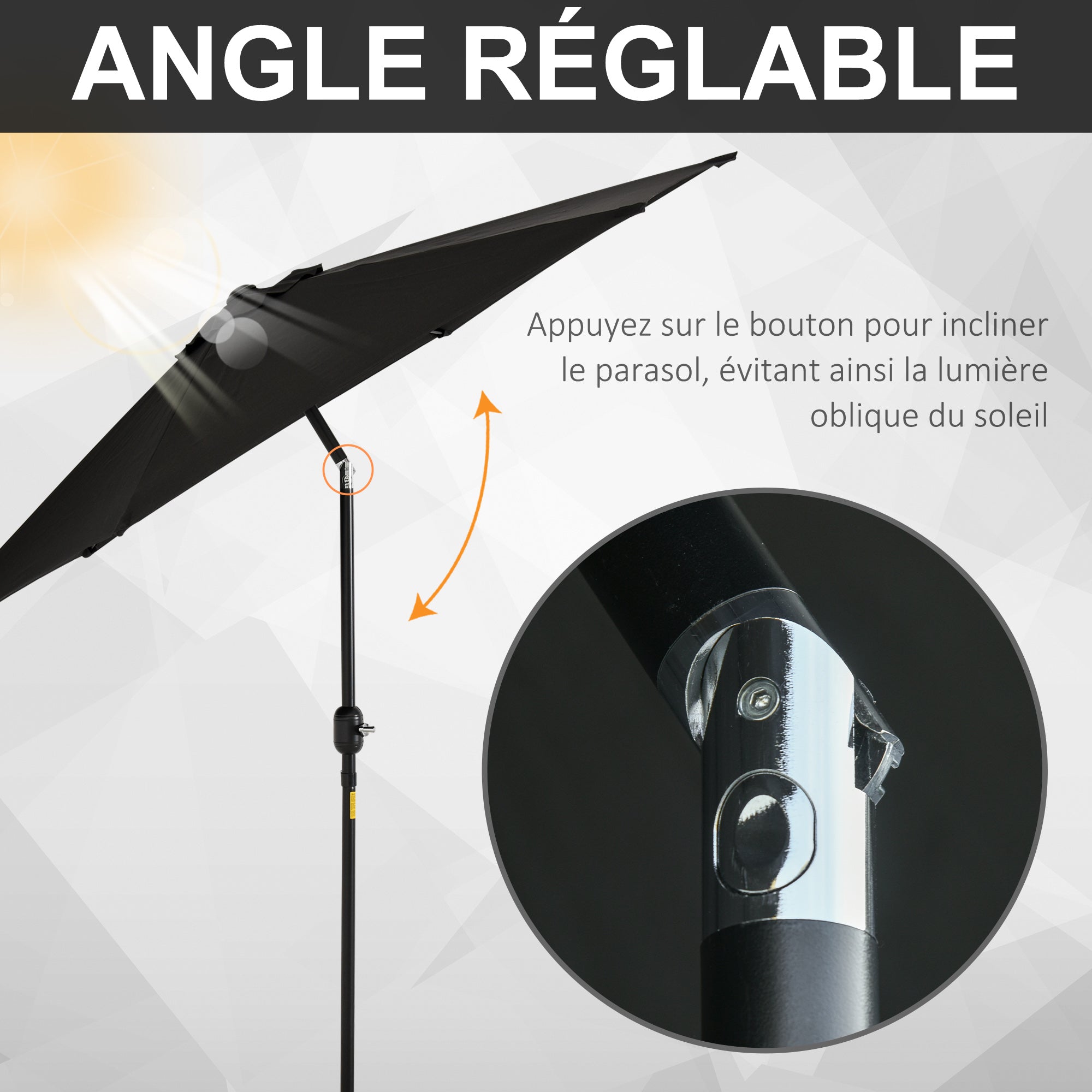 Straight tilting garden balcony terrace parasol with crank polyester waterproof high density 180 g/m² fabric Ø2.6 x 2.35H m black aluminum