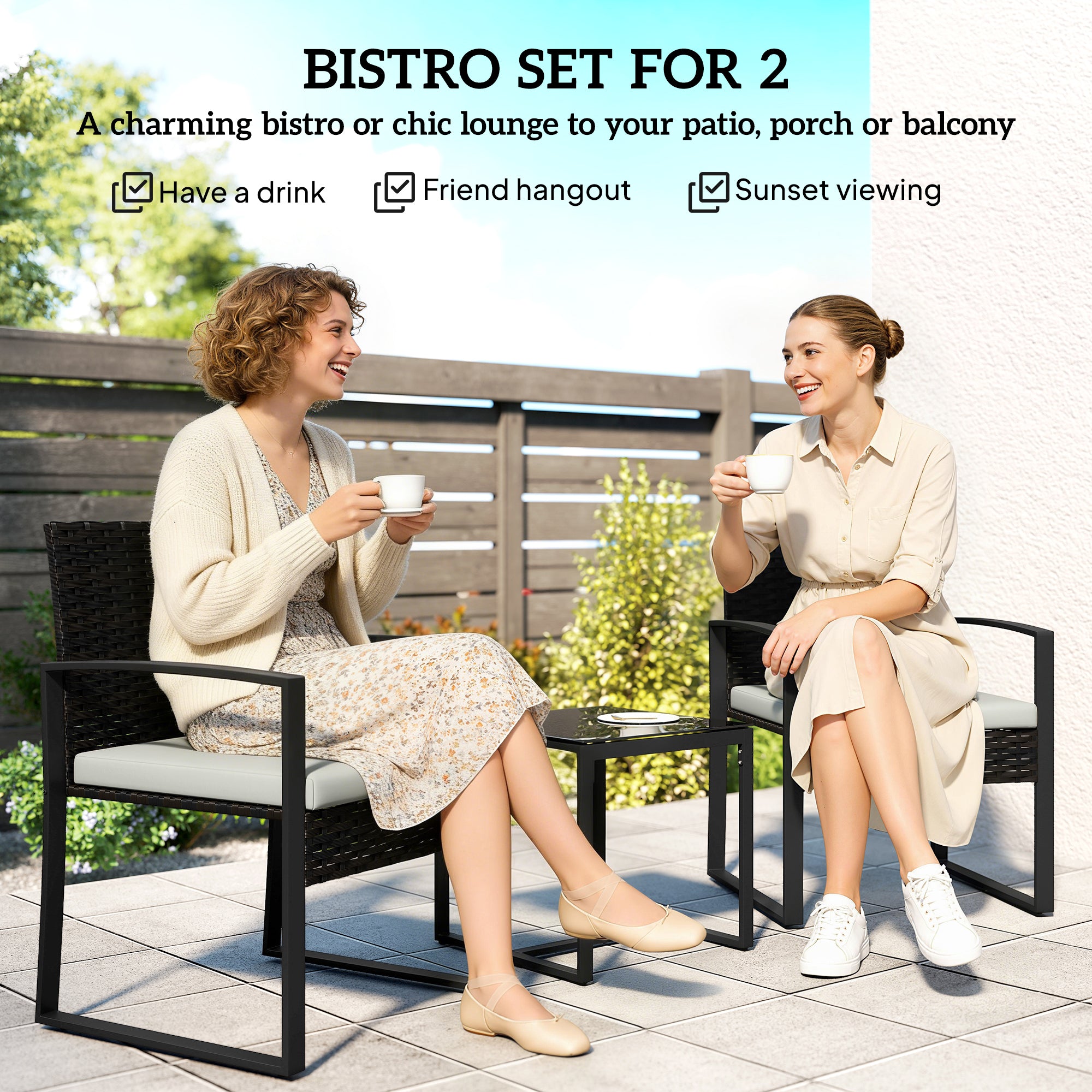3-Piece PE Rattan Bistro Set — 2 Outdoor Chairs & Glass Table with Removable Cushions, Cream White