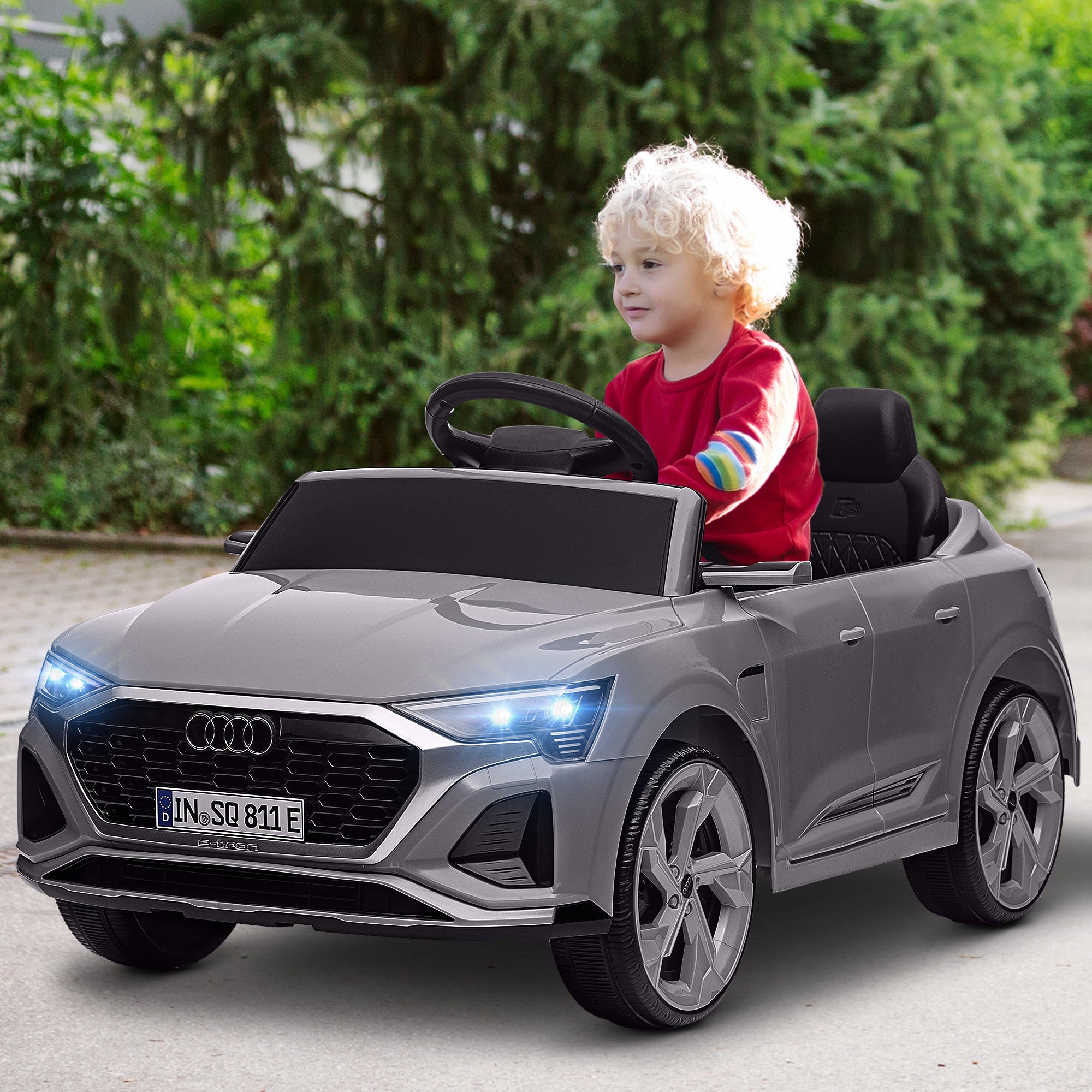 Audi Q8 etron sportback Electric Car for Kids 3+ Years Electric Child's Car with 12V Battery Remote Control Spring Suspension Wheels Bright Headlights Horn and Music Gray