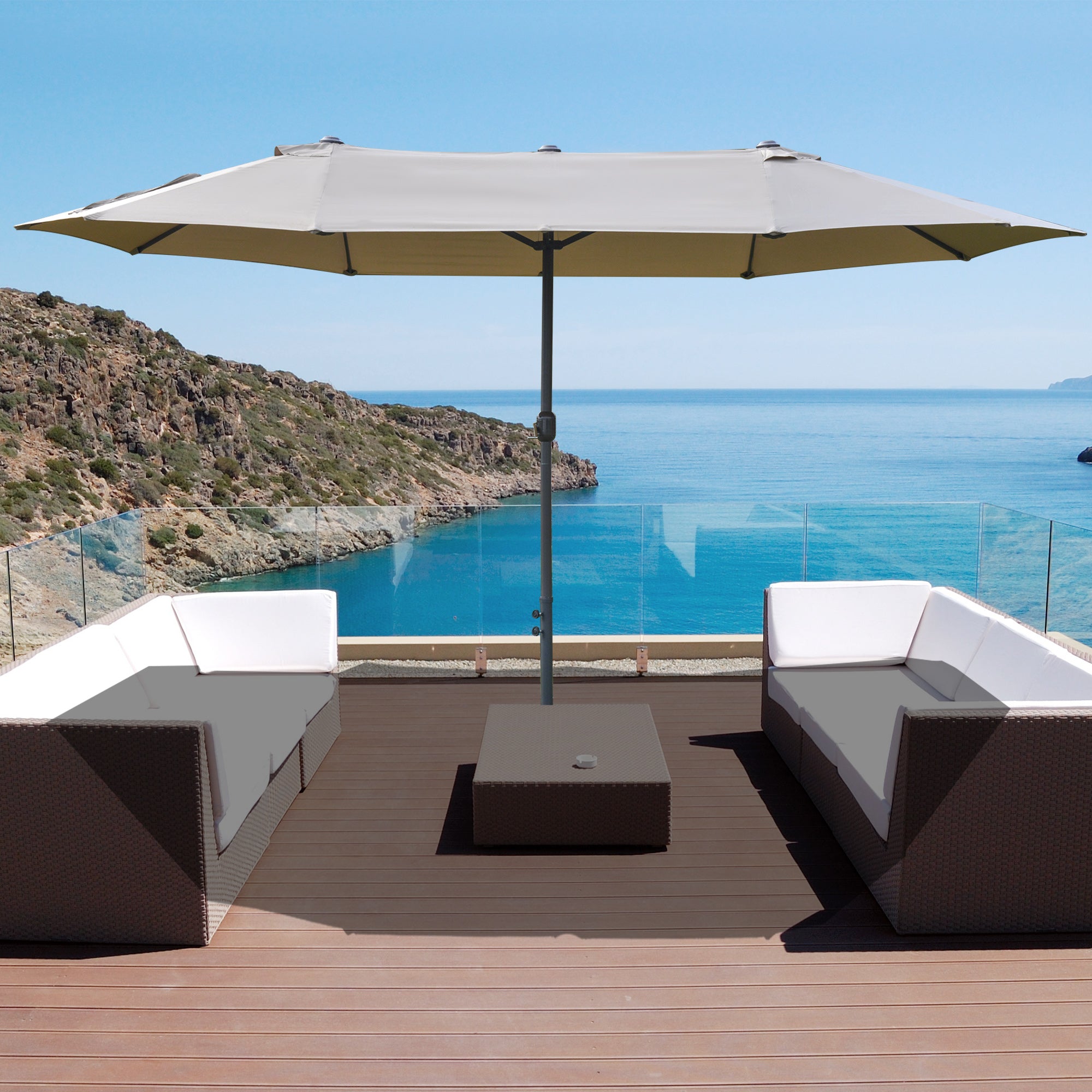 XXL Garden Parasol with Cross Base Large Size 4.6L x 2.7W x 2.4H m Crank Opening Closing Steel High Density Polyester Coffee