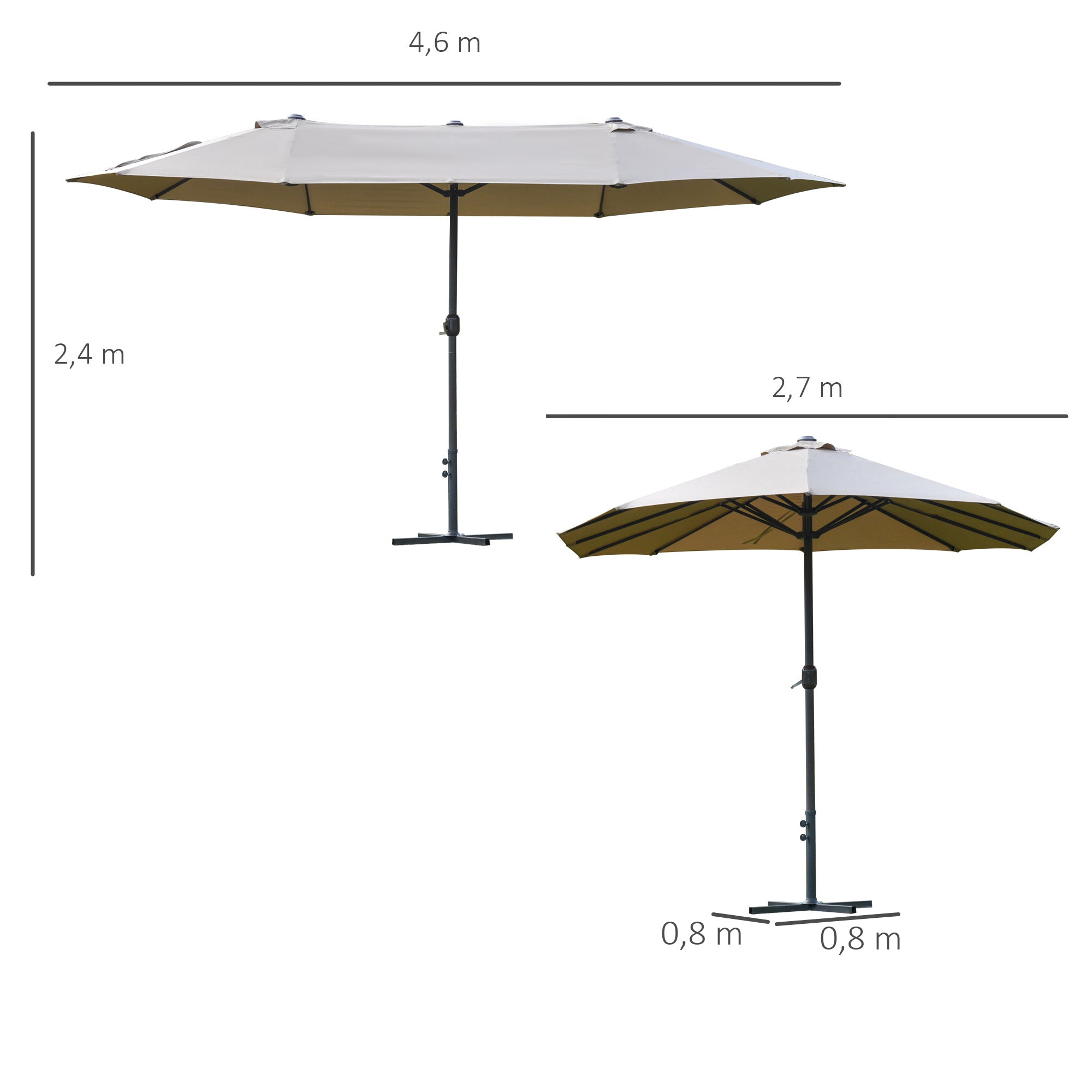 XXL Garden Parasol with Cross Base Large Size 4.6L x 2.7W x 2.4H m Crank Opening Closing Steel High Density Polyester Coffee