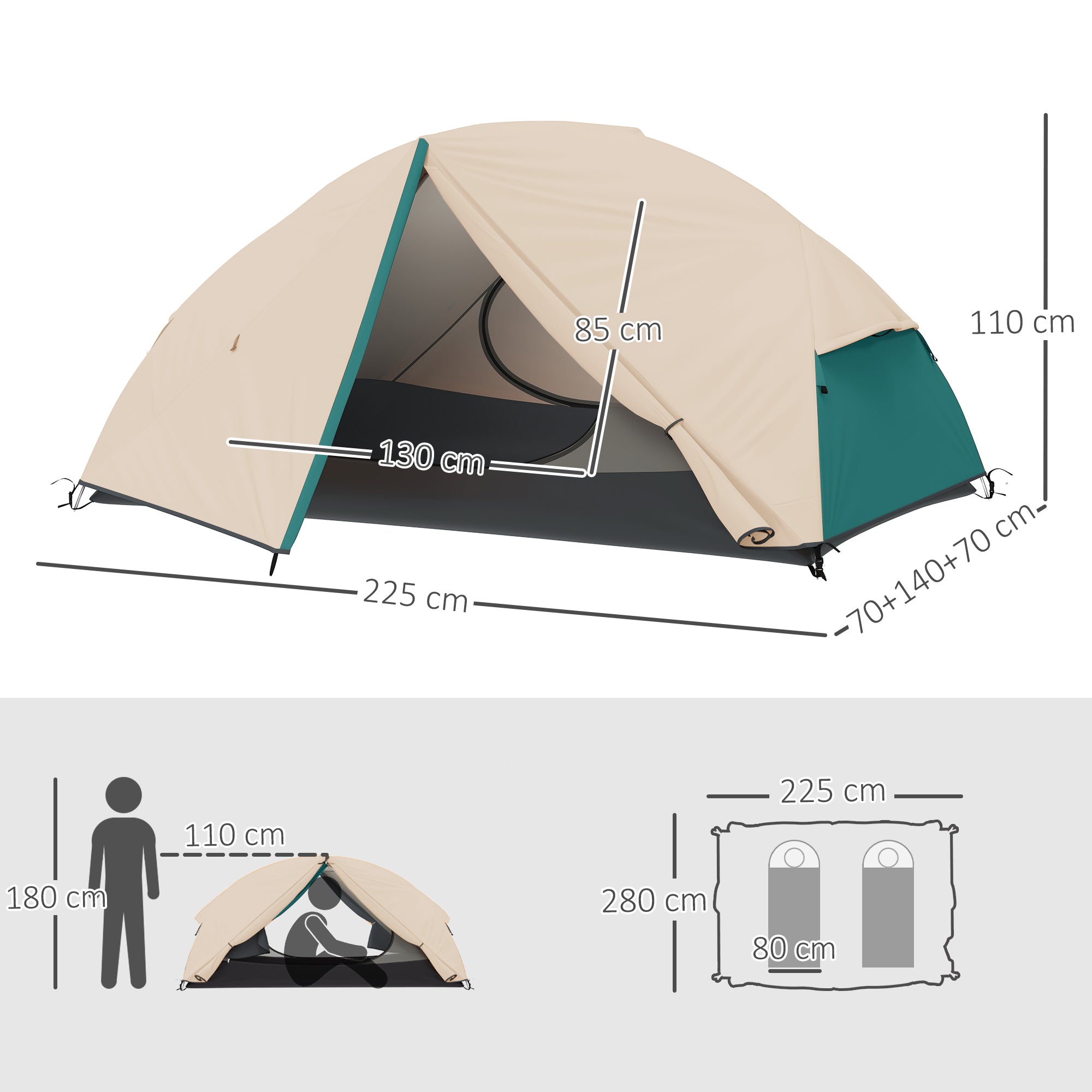 2-Person Camping Tent with 2 Vestibules, Waterproof Dome Tent with 2 Doors, 2 Mesh Windows, Internal Pockets, and Carry Bag for Trekking, 280x225x110 cm, Beige