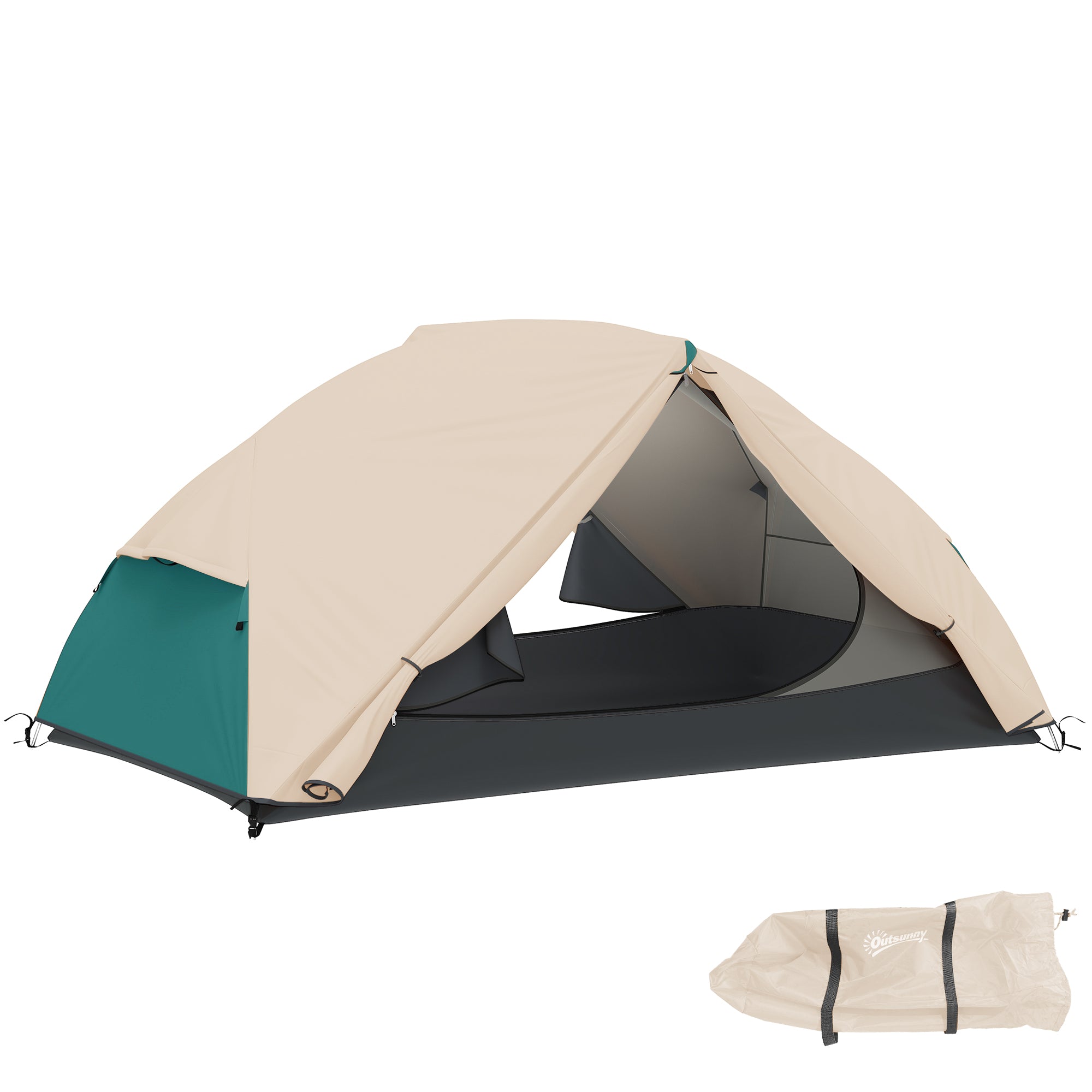 2-Person Camping Tent with 2 Vestibules, Waterproof Dome Tent with 2 Doors, 2 Mesh Windows, Internal Pockets, and Carry Bag for Trekking, 280x225x110 cm, Beige