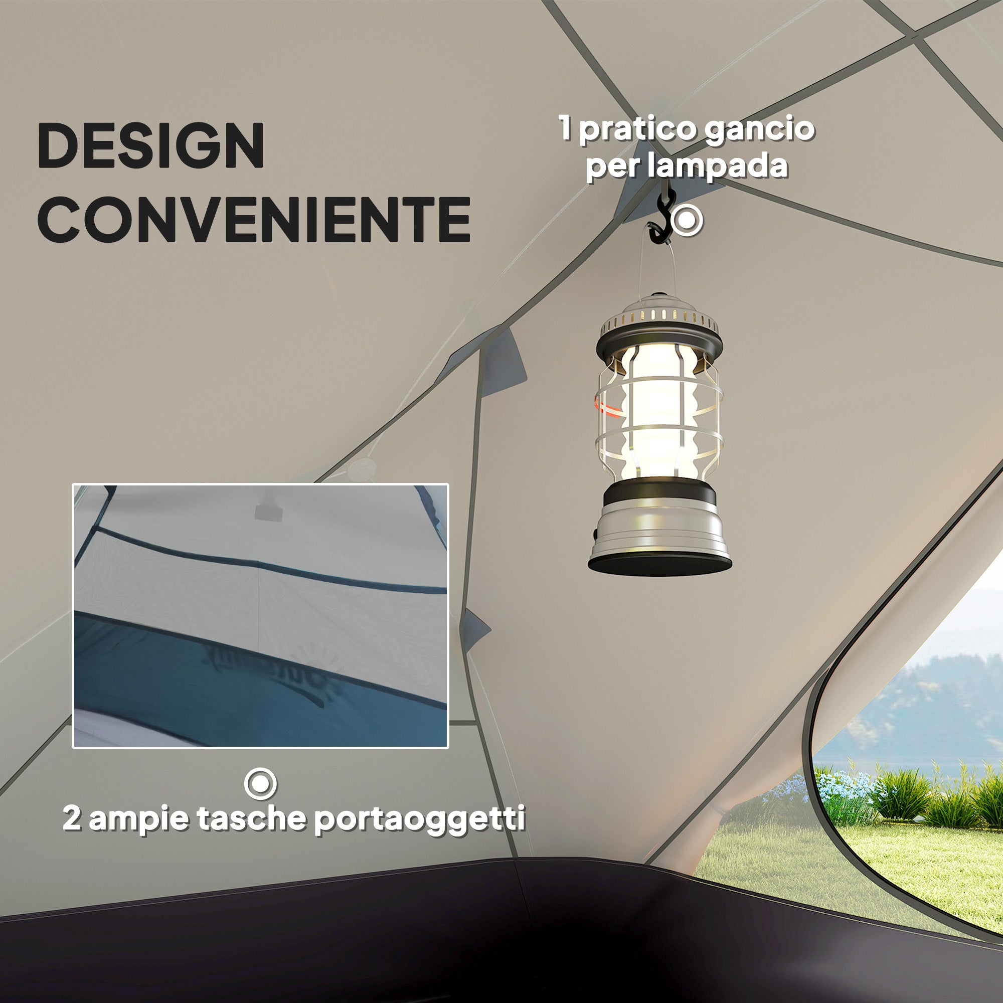 2-Person Camping Tent with 2 Vestibules, Waterproof Dome Tent with 2 Doors, 2 Mesh Windows, Internal Pockets, and Carry Bag for Trekking, 280x225x110 cm, Beige
