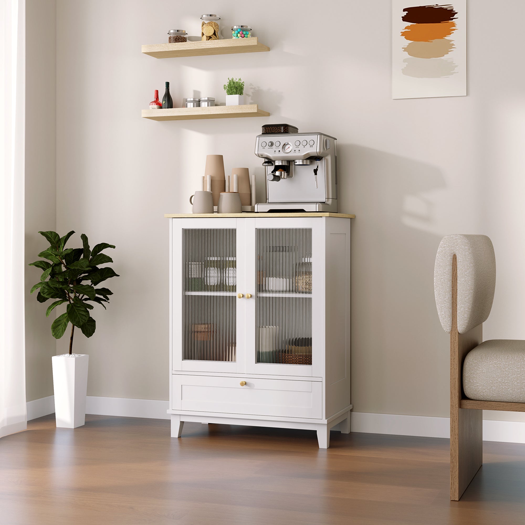 Glass Door 2-Door Sideboard with Drawer and Adjustable Shelf Kitchen Bedroom Living Room 68x35x85 cm White and Oak