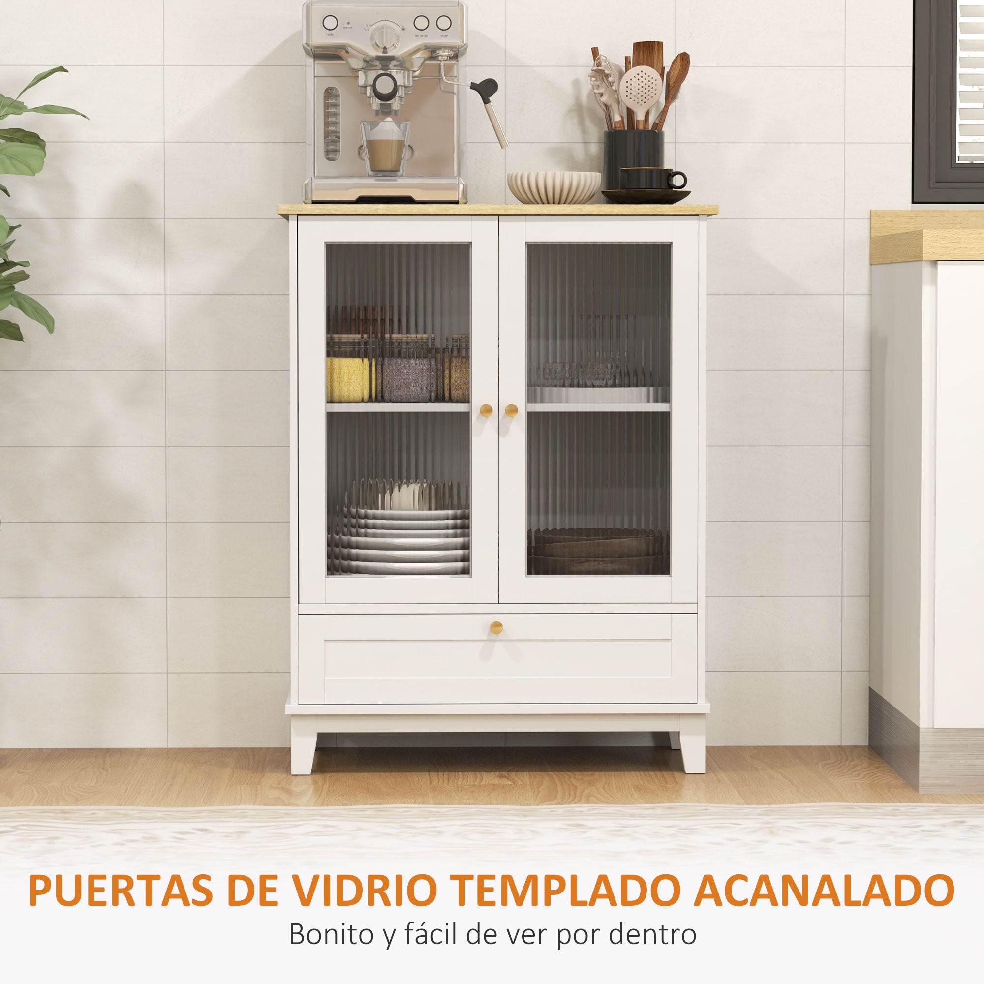 Glass Door 2-Door Sideboard with Drawer and Adjustable Shelf Kitchen Bedroom Living Room 68x35x85 cm White and Oak