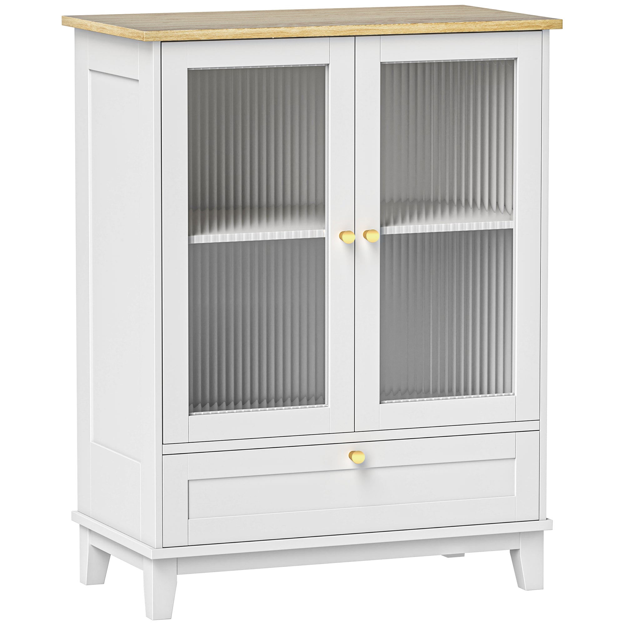 Glass Door 2-Door Sideboard with Drawer and Adjustable Shelf Kitchen Bedroom Living Room 68x35x85 cm White and Oak