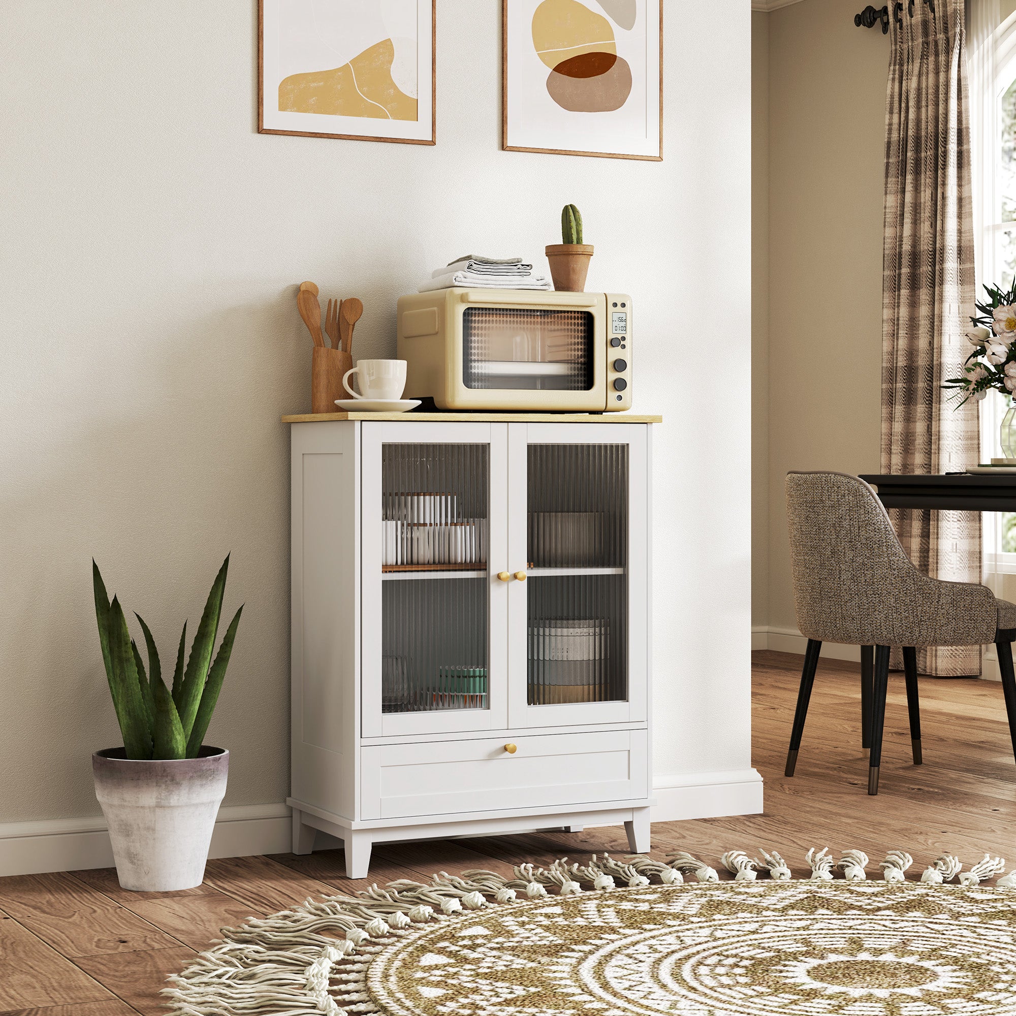 Glass Door 2-Door Sideboard with Drawer and Adjustable Shelf Kitchen Bedroom Living Room 68x35x85 cm White and Oak
