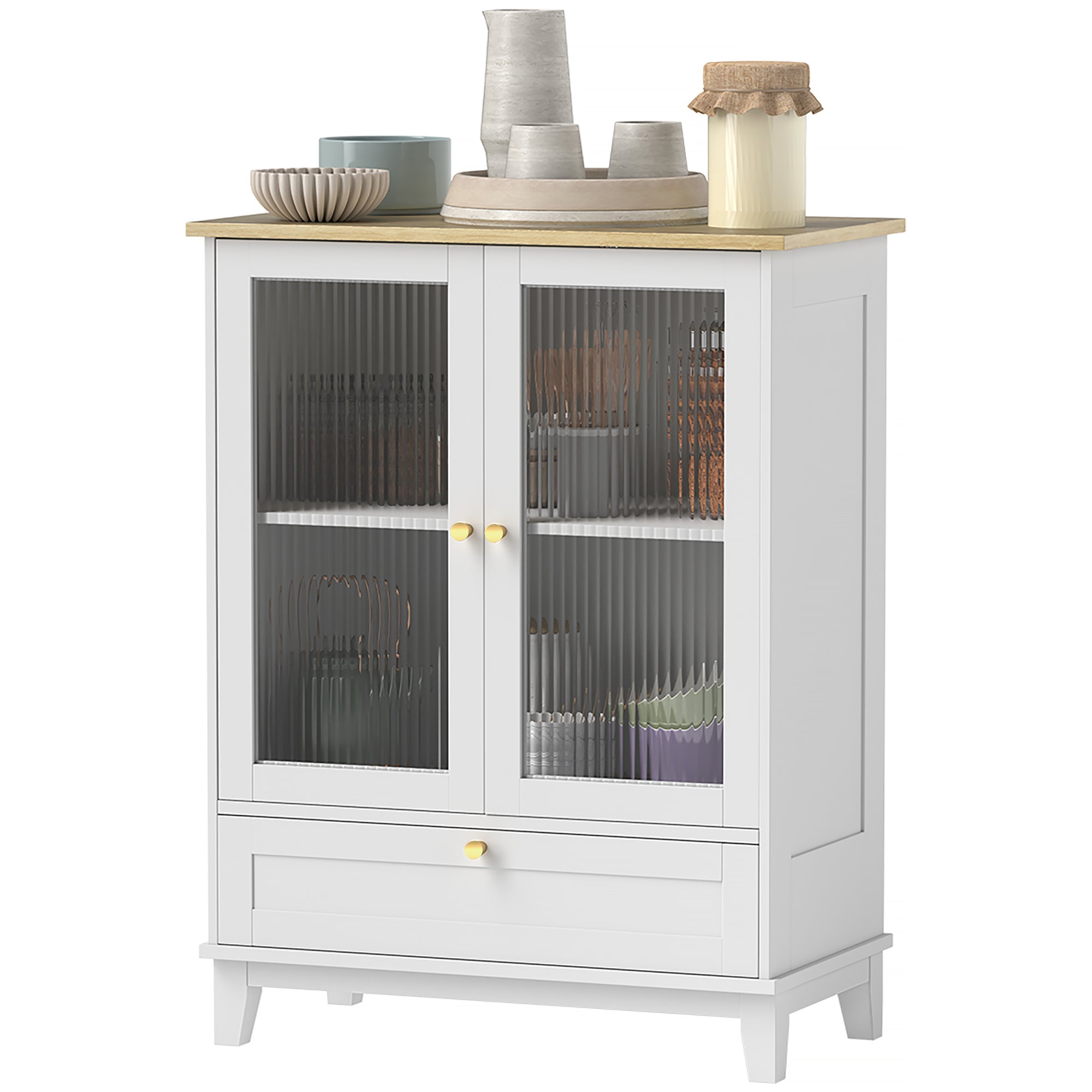Glass Door 2-Door Sideboard with Drawer and Adjustable Shelf Kitchen Bedroom Living Room 68x35x85 cm White and Oak
