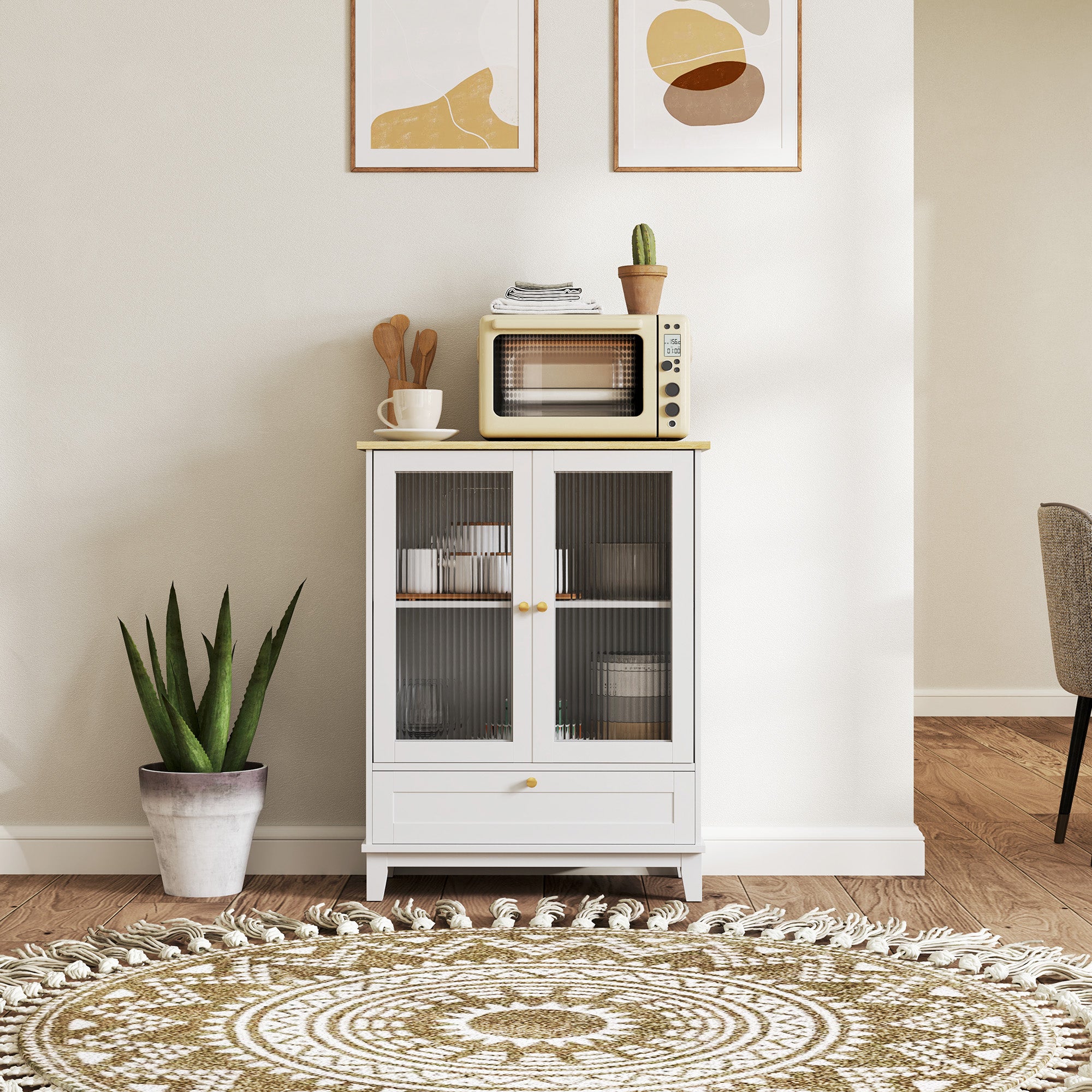 Glass Door 2-Door Sideboard with Drawer and Adjustable Shelf Kitchen Bedroom Living Room 68x35x85 cm White and Oak