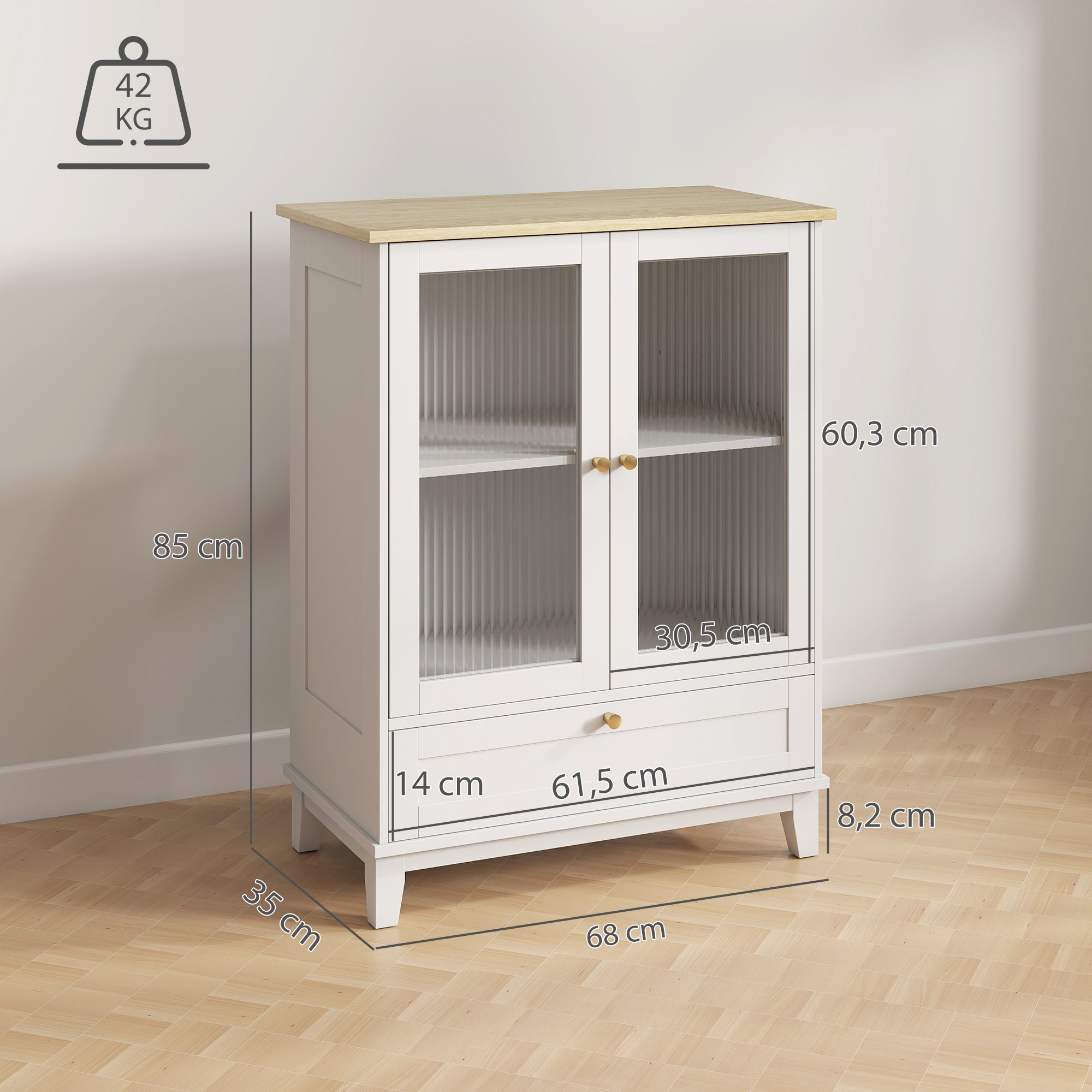 Glass Door 2-Door Sideboard with Drawer and Adjustable Shelf Kitchen Bedroom Living Room 68x35x85 cm White and Oak