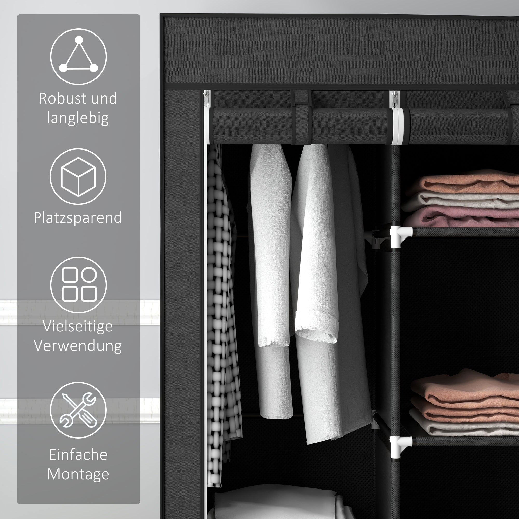 Fabric Wardrobe, Clothes Closet with Hanging Rod, 8 Shelves, Foldable Closet, Folding Wardrobe for Bedroom, Hallway, Non-Woven Fabric, Black, 125 x 43 x 162.5 cm