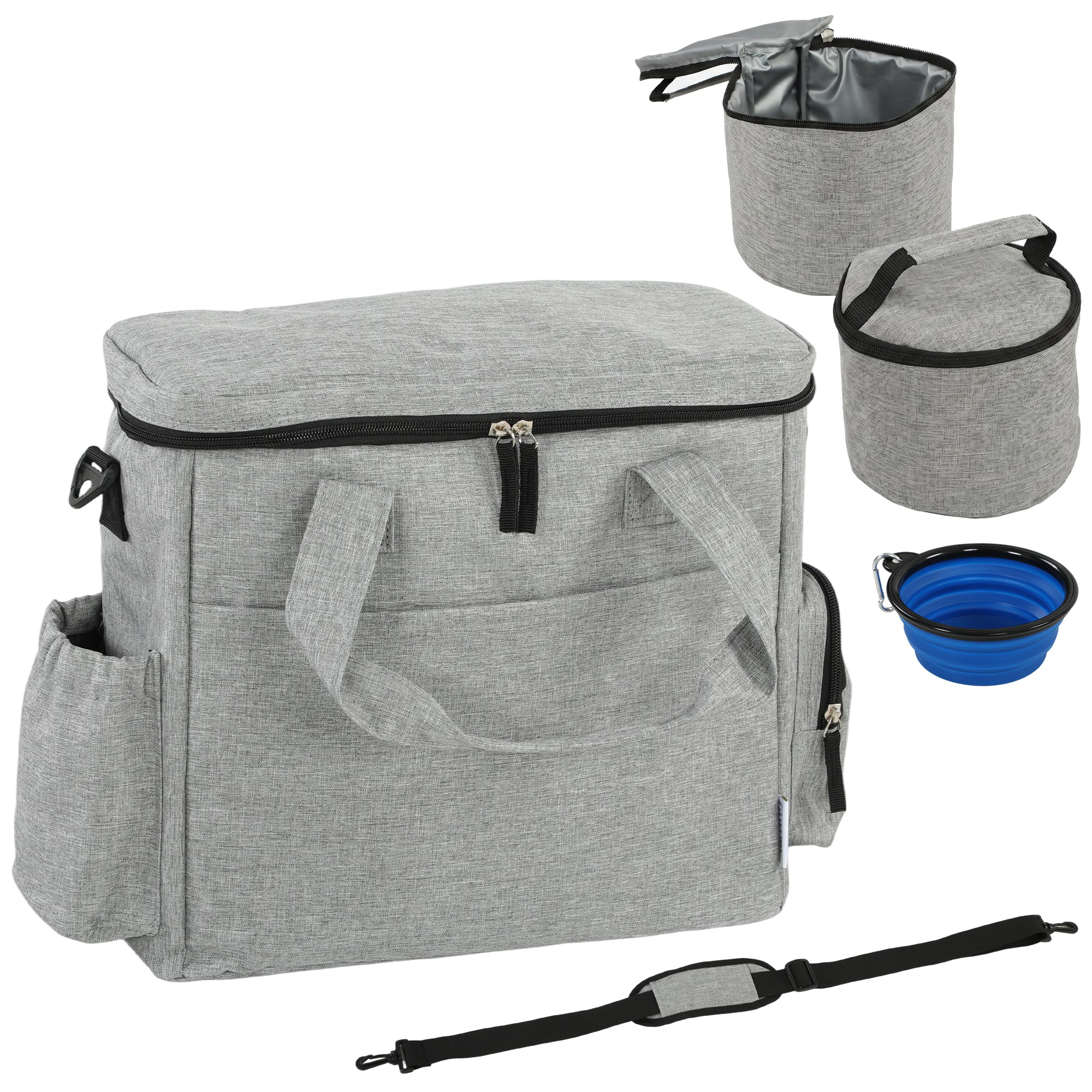 Dog Travel Treat Bag with 2 Insulated Food Containers & Collapsible Silicone Bowl, Pockets, Adjustable Divider — Portable Durable Light Gray