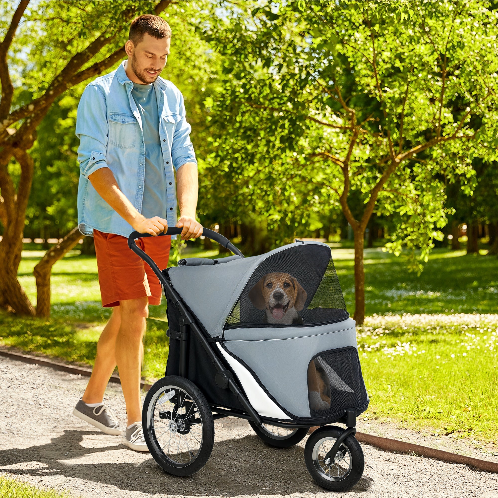 Dog Stroller 3-Wheel Dog Stroller - One-Hand Folding, Rubber Wheels, Storage Bag, Soft Cushion, Safety Leash, Cat Stroller Holds 20 kg, Gray