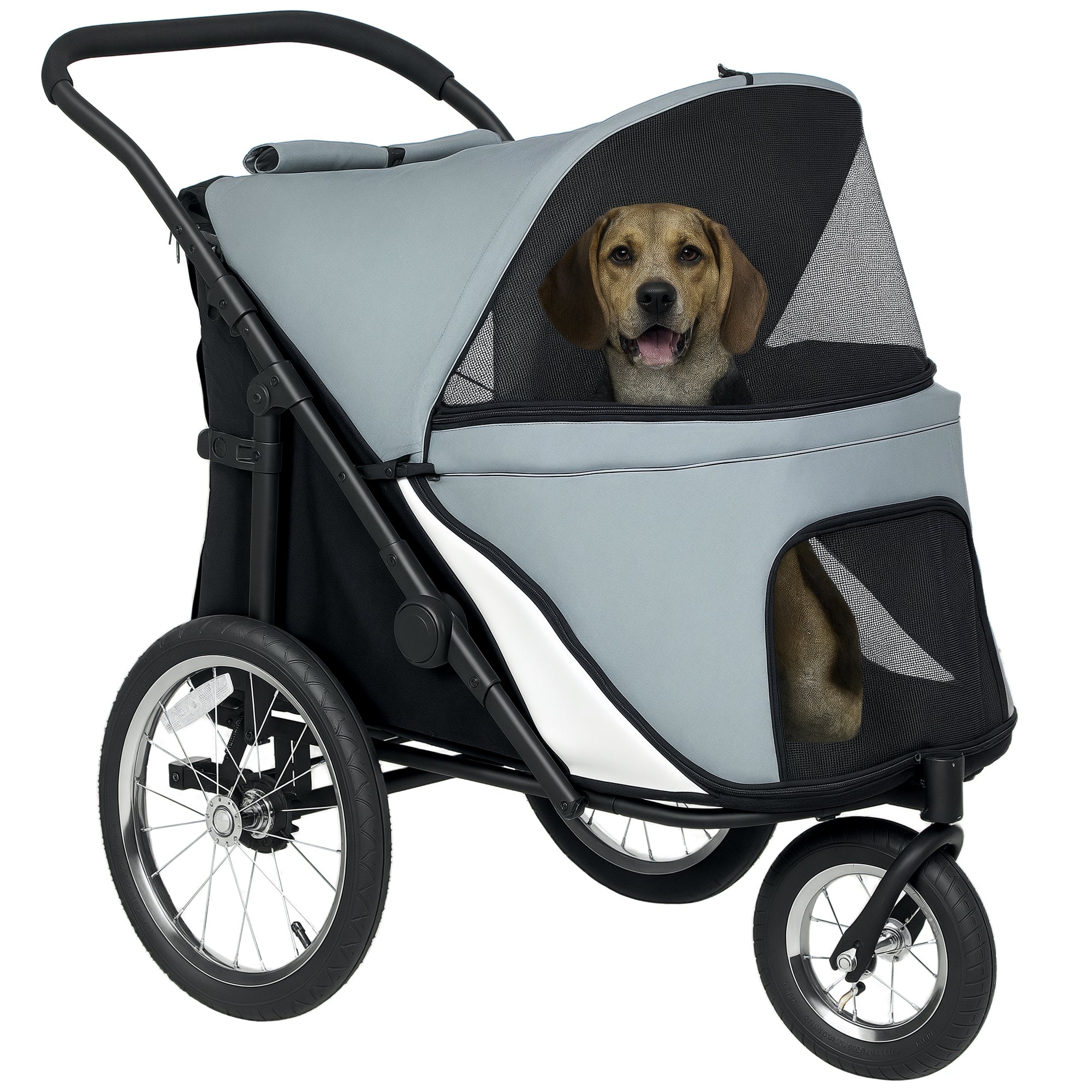 Dog Stroller 3-Wheel Dog Stroller - One-Hand Folding, Rubber Wheels, Storage Bag, Soft Cushion, Safety Leash, Cat Stroller Holds 20 kg, Gray