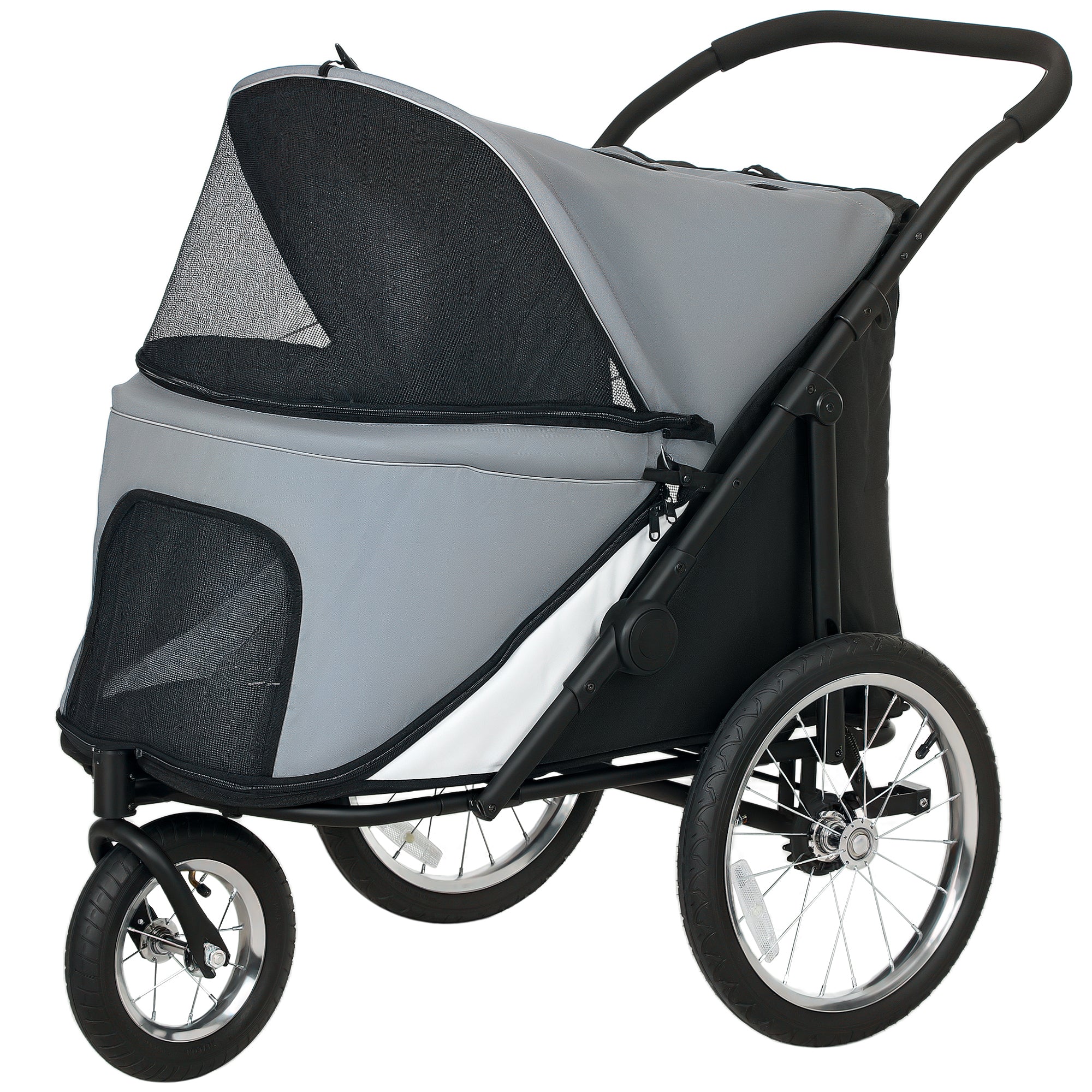 Dog Stroller 3-Wheel Dog Stroller - One-Hand Folding, Rubber Wheels, Storage Bag, Soft Cushion, Safety Leash, Cat Stroller Holds 20 kg, Gray