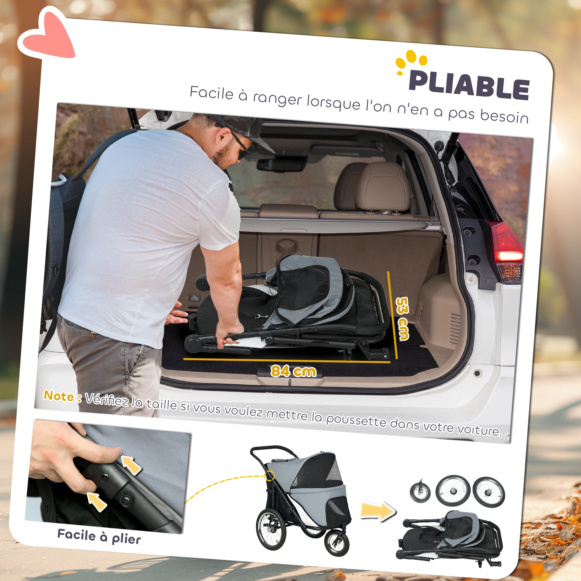 Dog Stroller 3-Wheel Dog Stroller - One-Hand Folding, Rubber Wheels, Storage Bag, Soft Cushion, Safety Leash, Cat Stroller Holds 20 kg, Gray