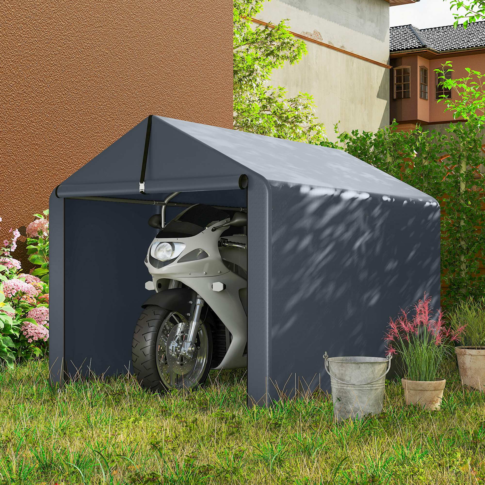 7.2 x 5.2 ft Waterproof Storage Tent with Roll-Up Zipper Door, Gable Roof Steel Frame, UV-Resistant — Dark Gray