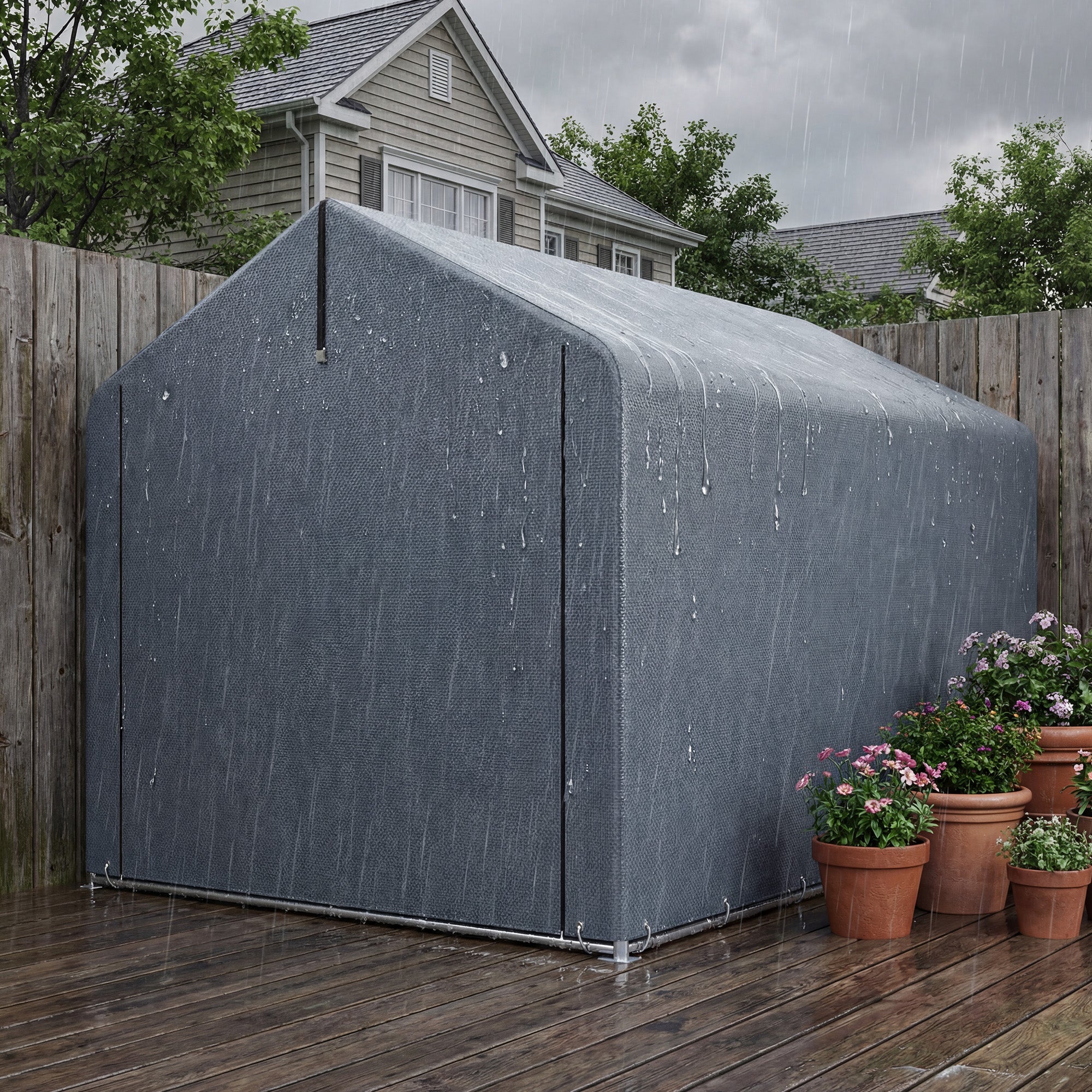 7.2 x 5.2 ft Waterproof Storage Tent with Roll-Up Zipper Door, Gable Roof Steel Frame, UV-Resistant — Dark Gray
