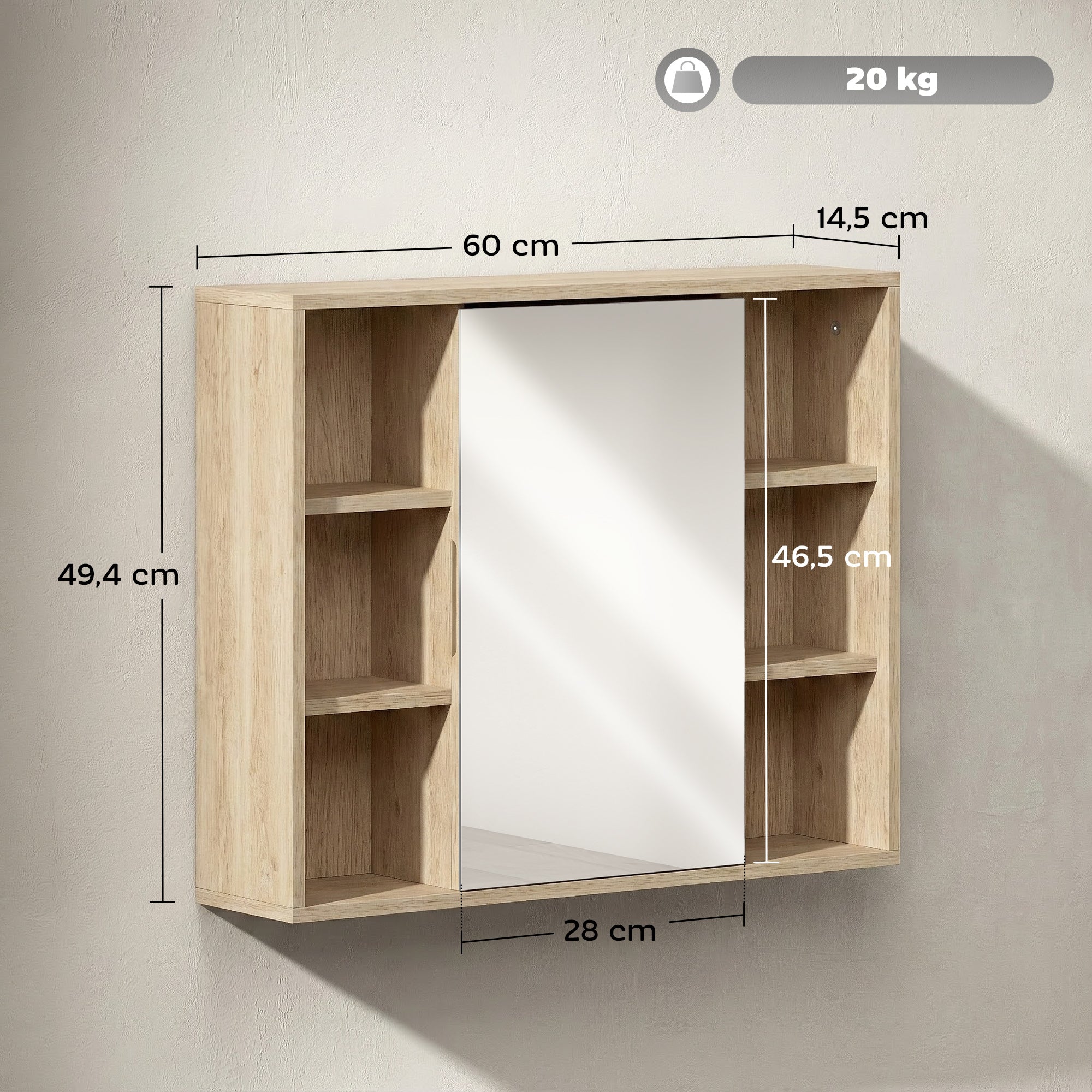 Wall-Mounted Bathroom Cabinet with Mirror — 6 Open Shelves & Mirrored Door, Natural Wood, 23.6 x 5.7 x 19.4 in