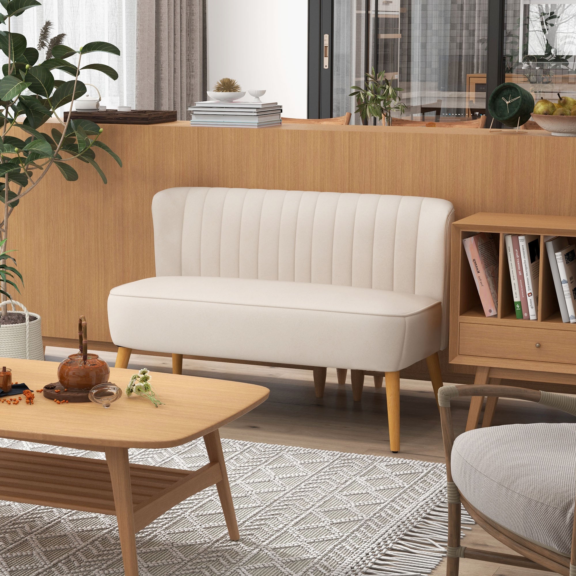 2-Seater Sofa Loveseat, Small Velvet‑Look Upholstered Couch for Living Room & Bedroom, Cream White — 46.1 x 22.2 x 30.3 in