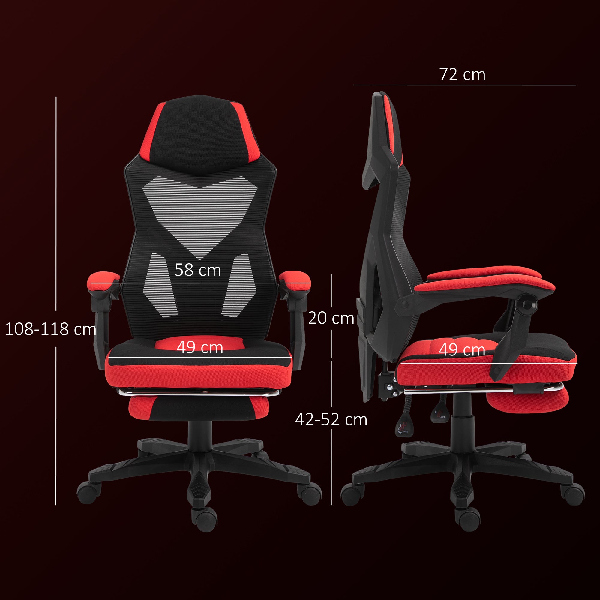 Ergonomic Office Chair, Gaming Chair, Swivel Chair with Footrest, PC Chair, Executive Chair, adjustable height, Polyester, Black+Red, 58 x 63 x 112-122 cm