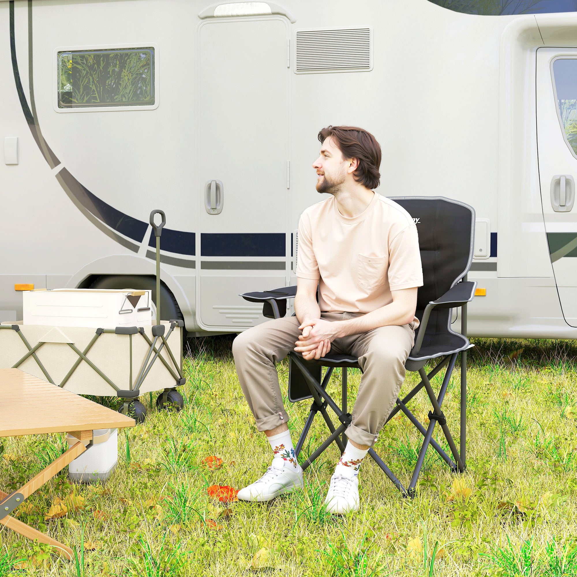 Folding Camping Chair, Portable Fishing Chair, Padded Seat, Cup Holders, Side Pockets, and Carry Bag, Foldable Chair for Hiking, Fishing, Beach, and Picnic, Black